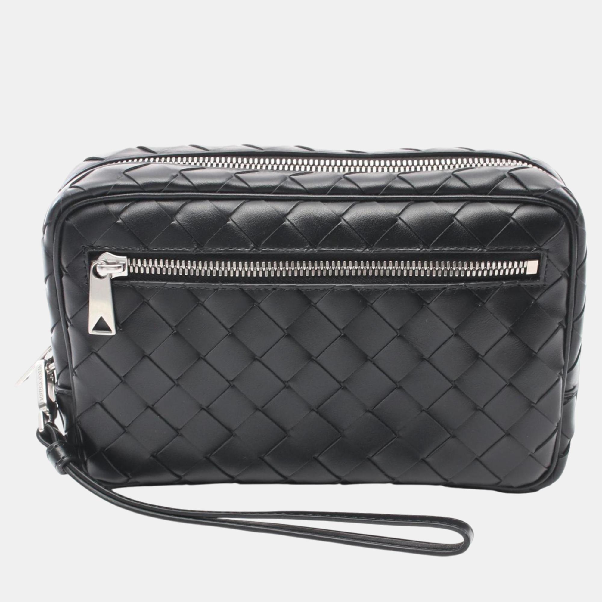 

Bottega Veneta Black Leather Intrecciato Small Wristlet Bag