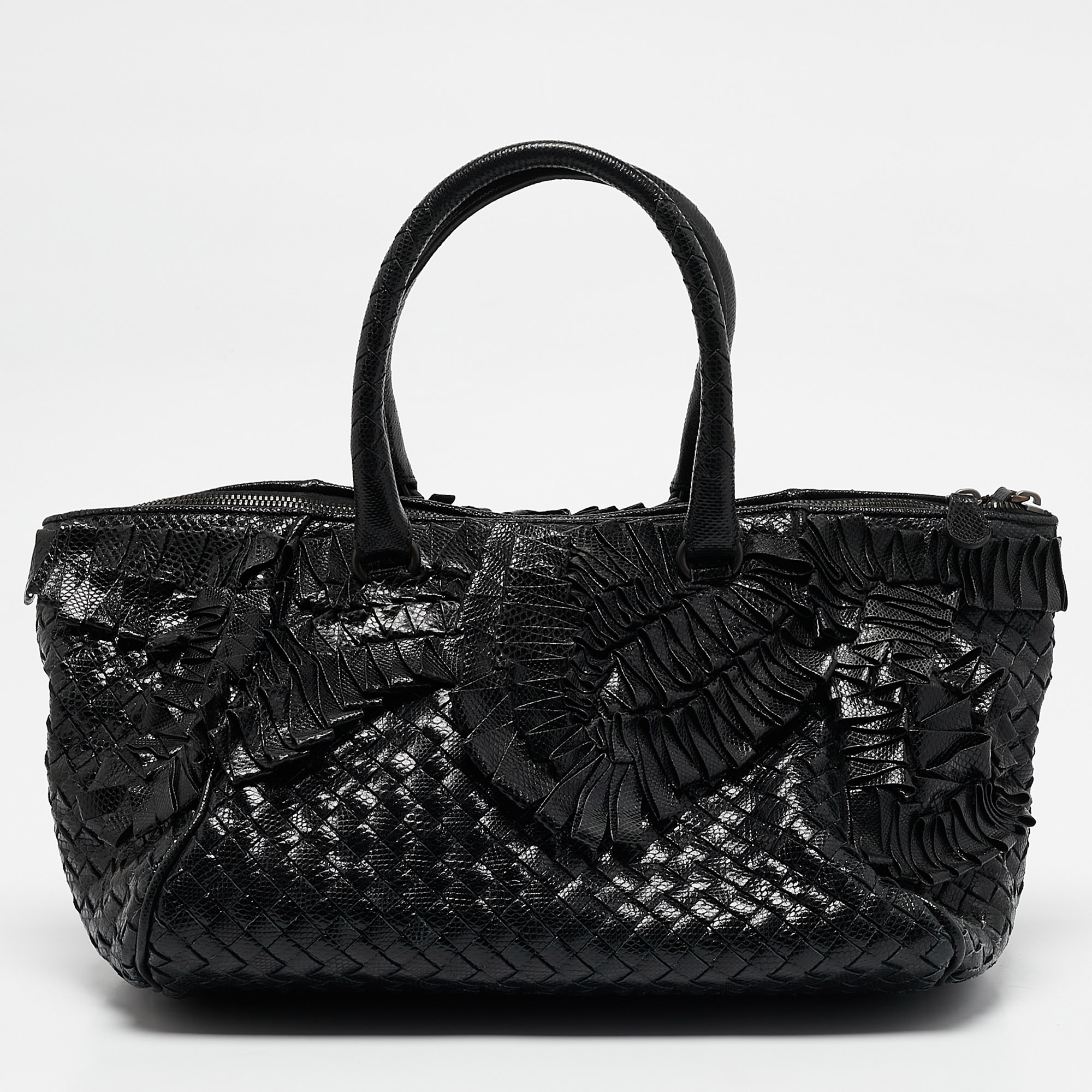 

Bottega Veneta Black Intrecciato Lizard Ruffled Satchel