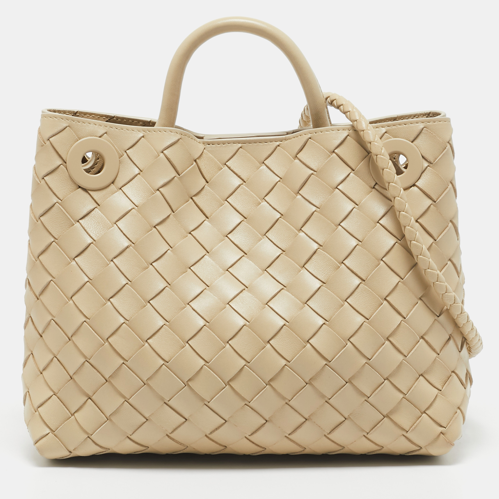 

Bottega Veneta Cream Intrecciato Leather Small Andiamo Tote