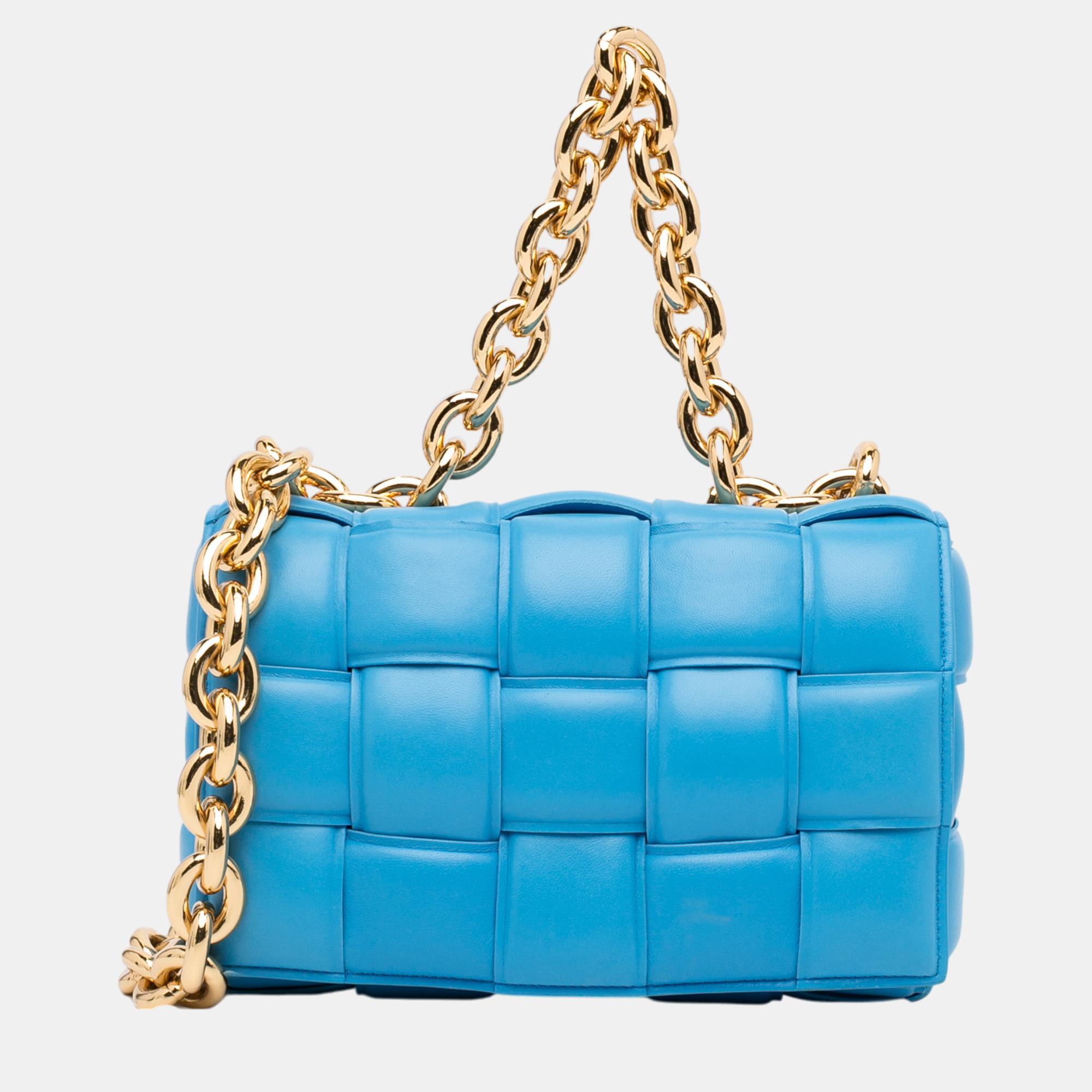 

Bottega Veneta Blue Nappa Intrecciato Padded Chain Cassette Satchel