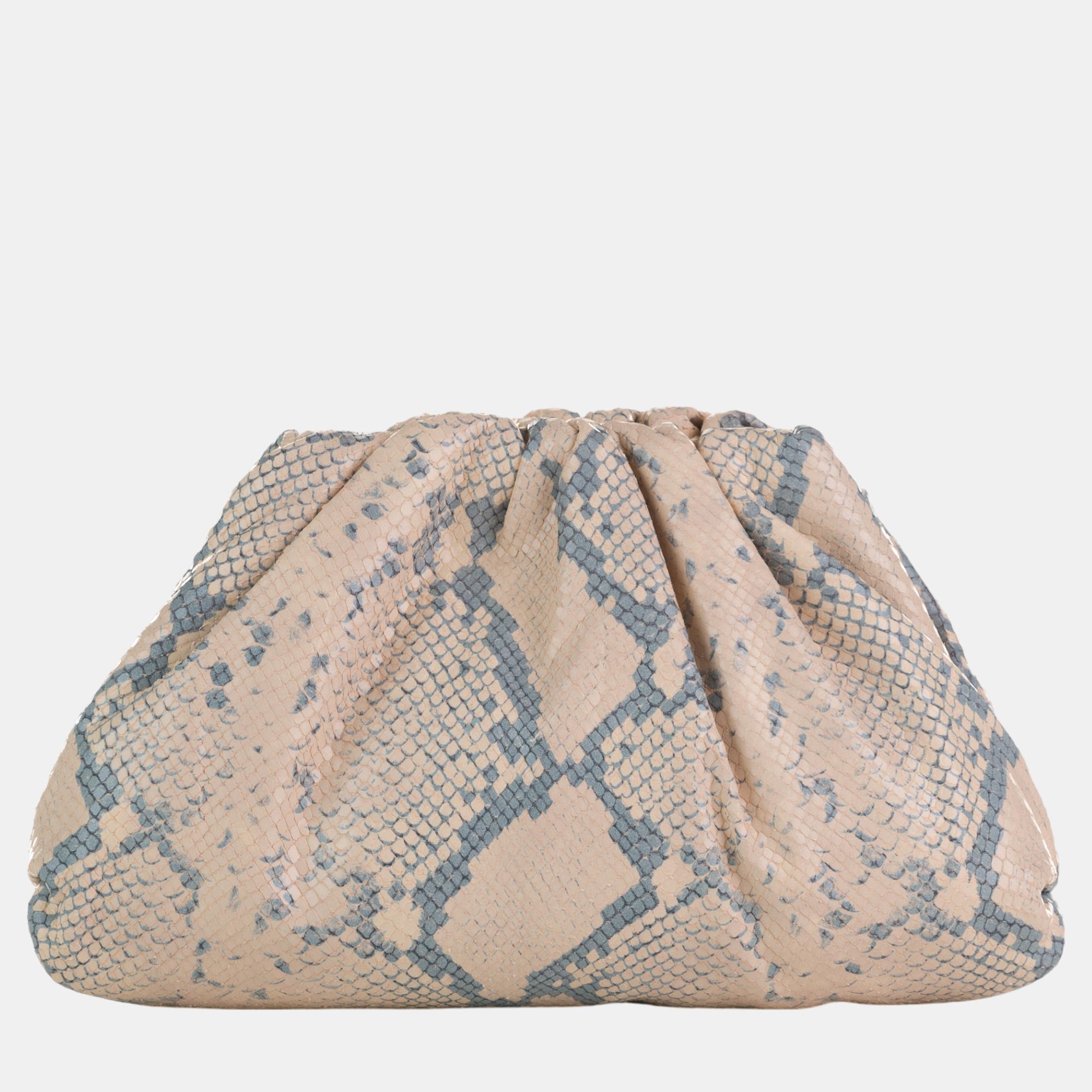 

Bottega Veneta Beige/Brown Teen Python Print Goatskin Pouch