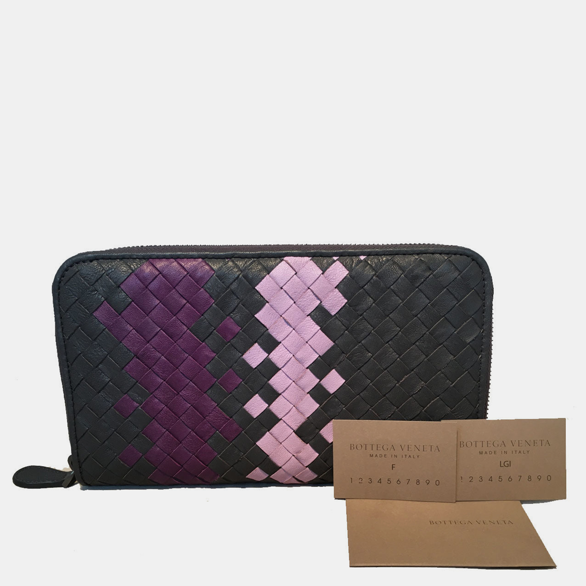 

Bottega Veneta Woven Grey And Purple Leather Zip Wallet