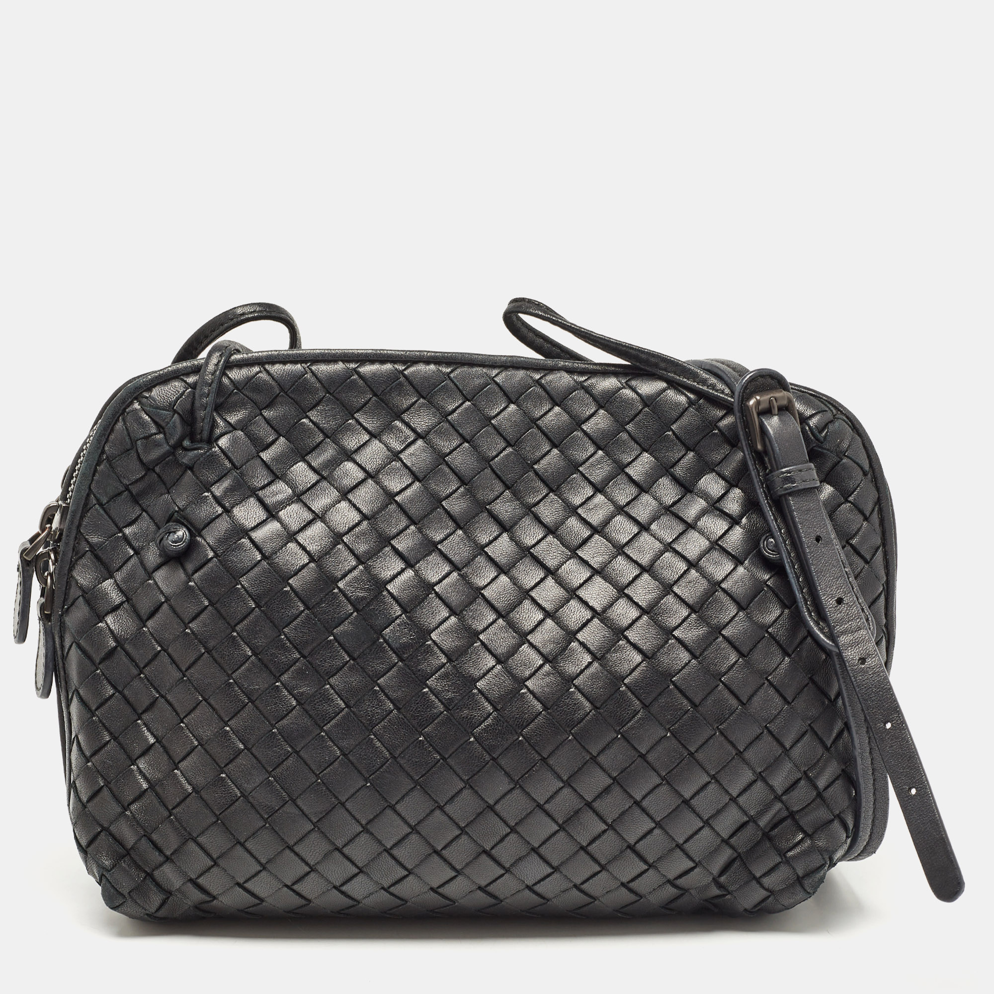 

Bottega Veneta Black Intrecciato Leather Nodini Double Zip Crossbody Bag