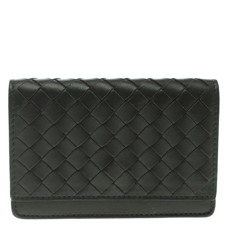 Pre Owned Bottega Veneta Dark Grey Leather Intrecciato Card Holder