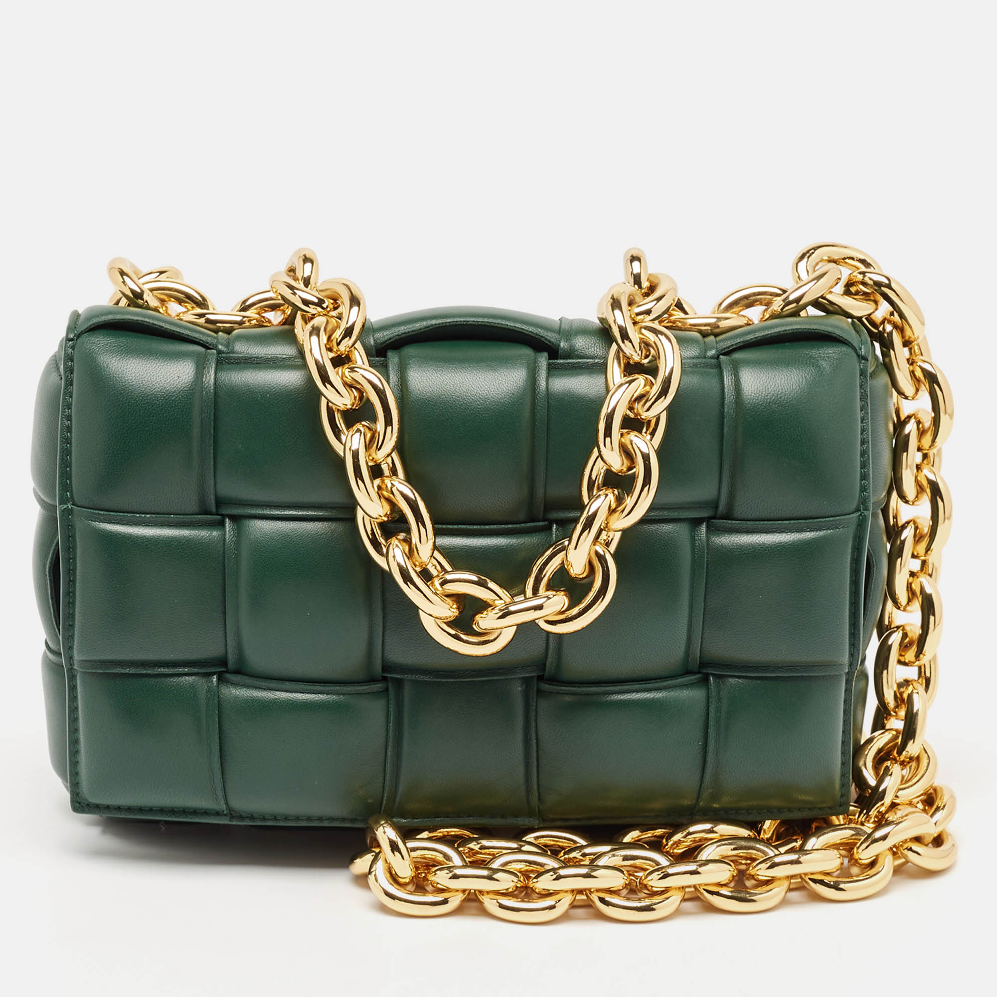 

Bottega Veneta Green Leather Padded Chain Cassette Top Handle Bag