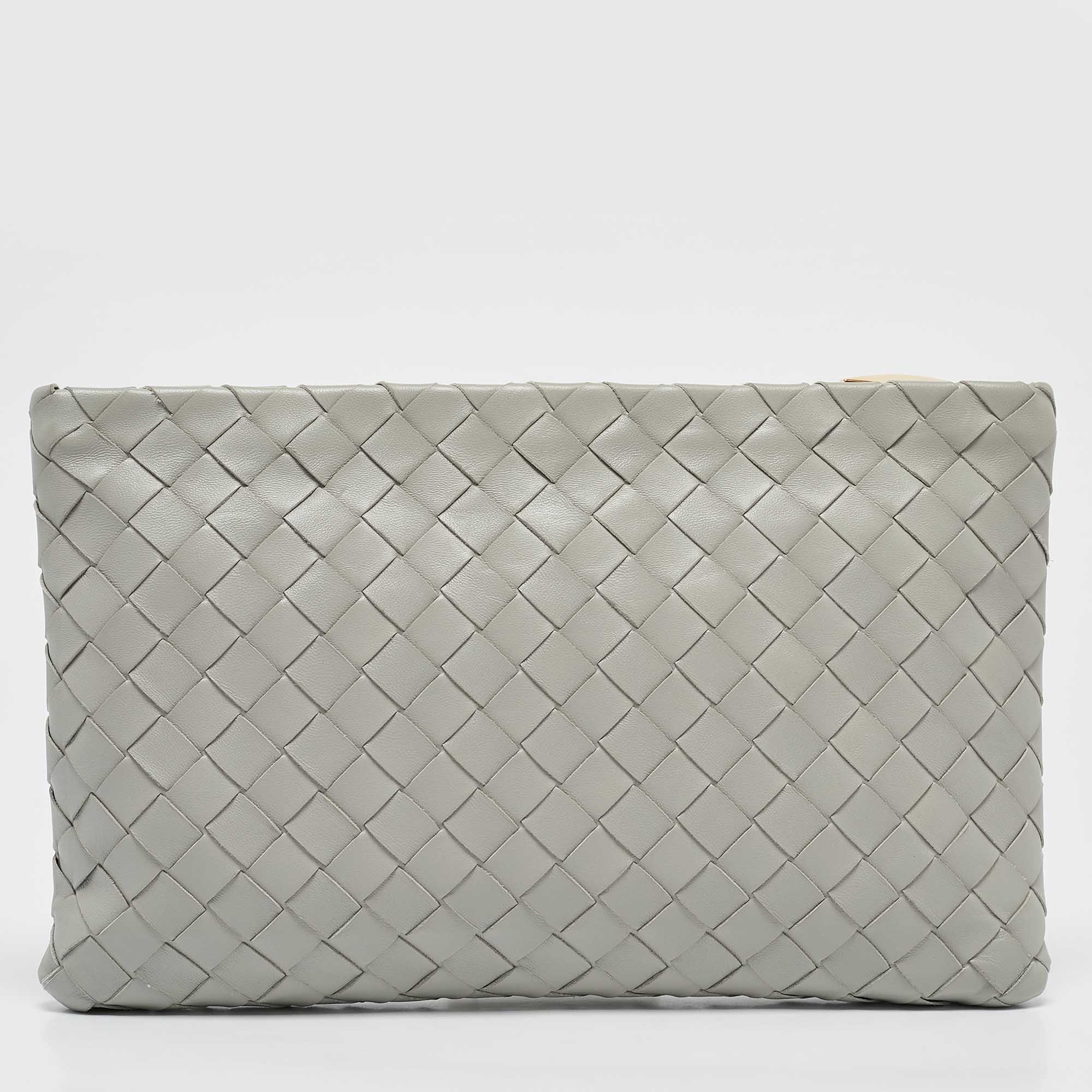 Bottega Veneta Grey Intrecciato Leather Zip Pochette 