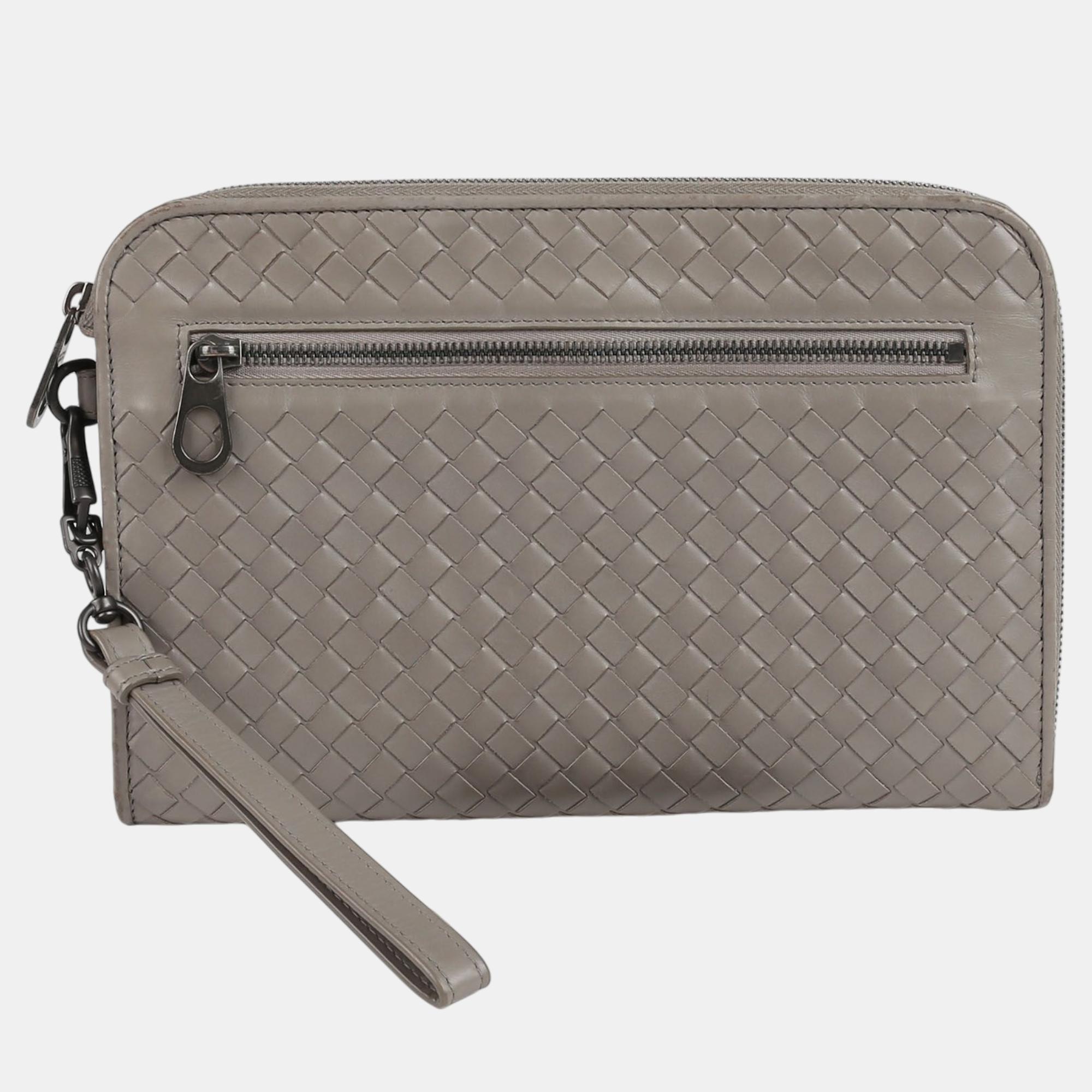 

Bottega Veneta Gray Intrecciato Leather Document Case Clutch, Grey