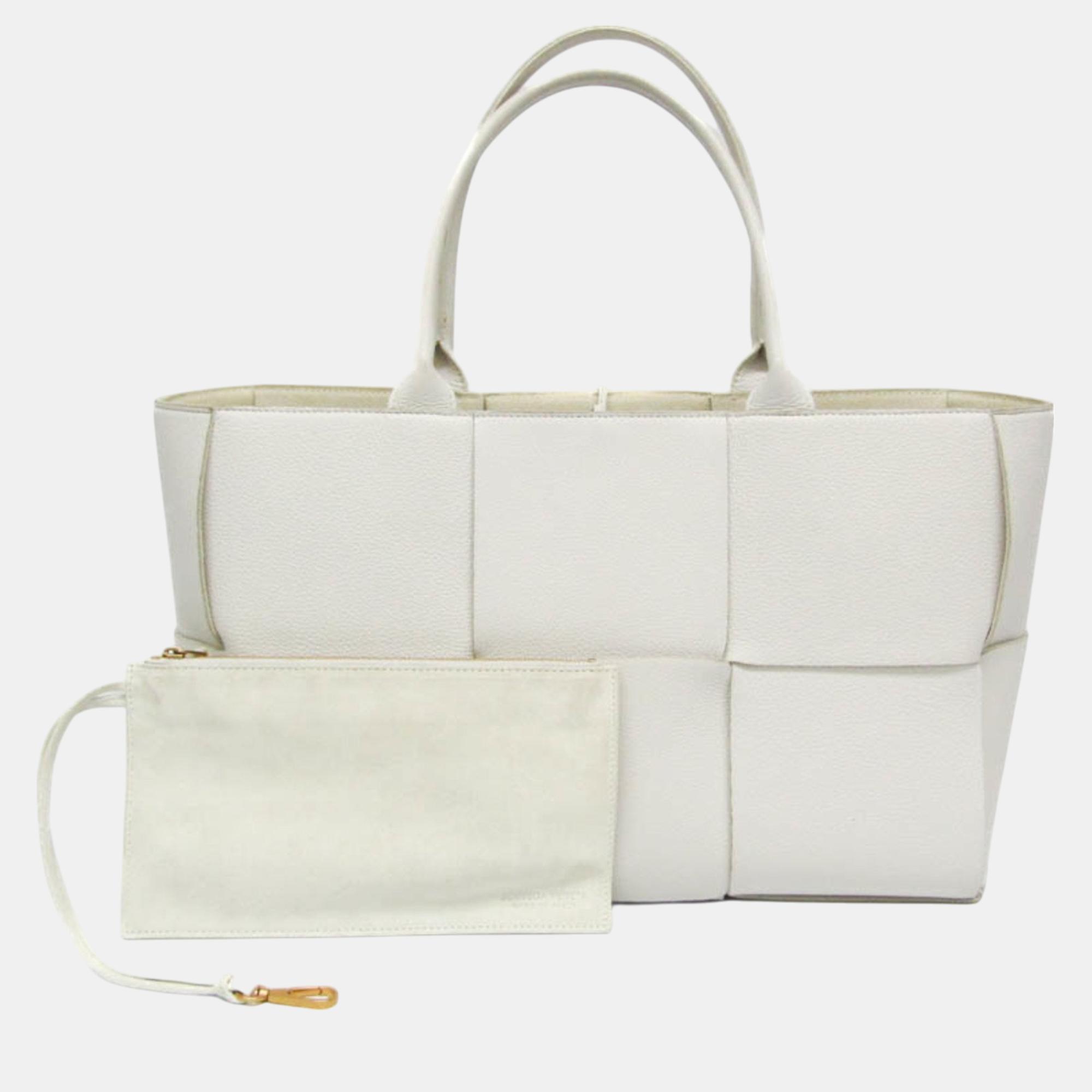Bottega Veneta White Leather Maxi Intrecciato Arco Tote Bag 