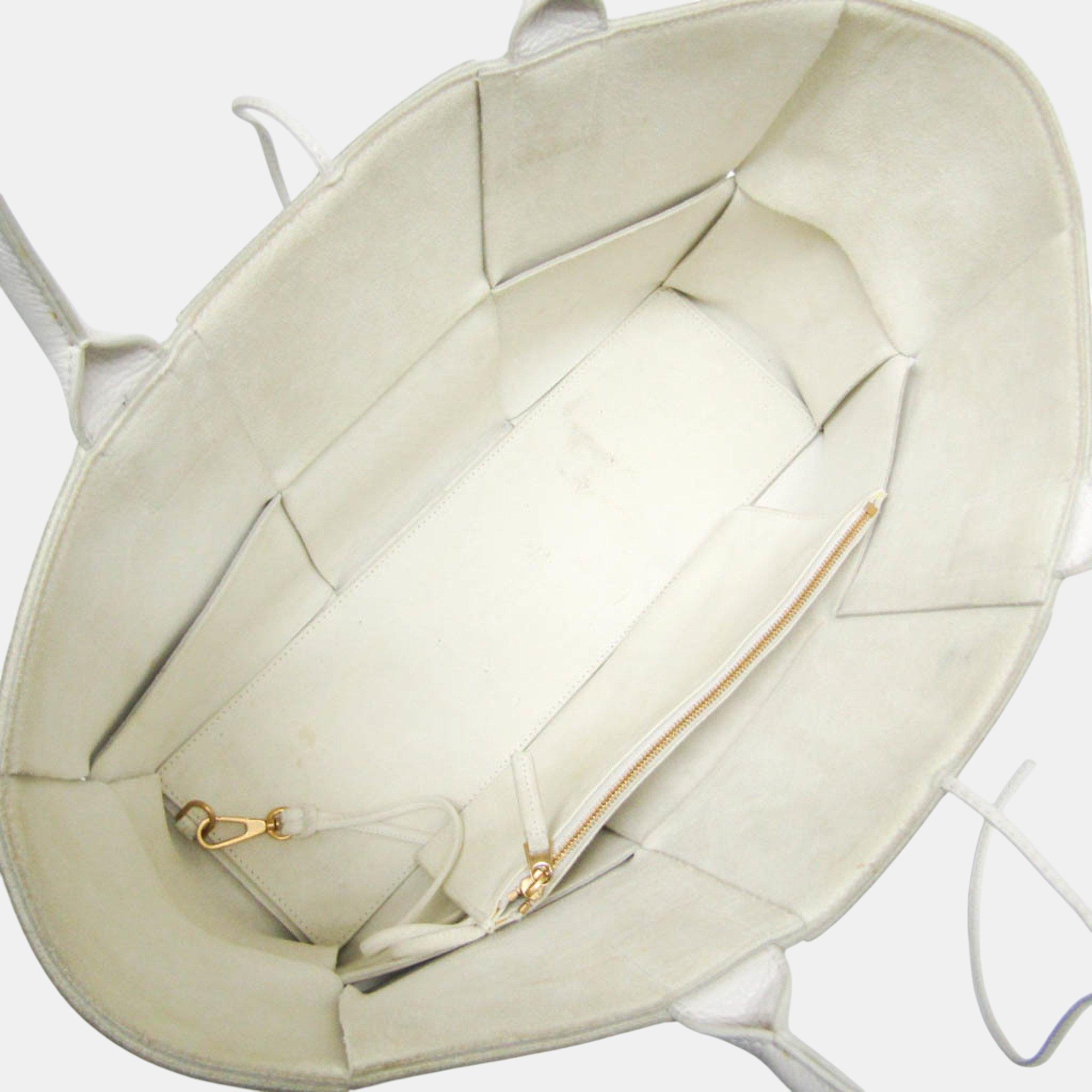 Bottega Veneta White Leather Maxi Intrecciato Arco Tote Bag 