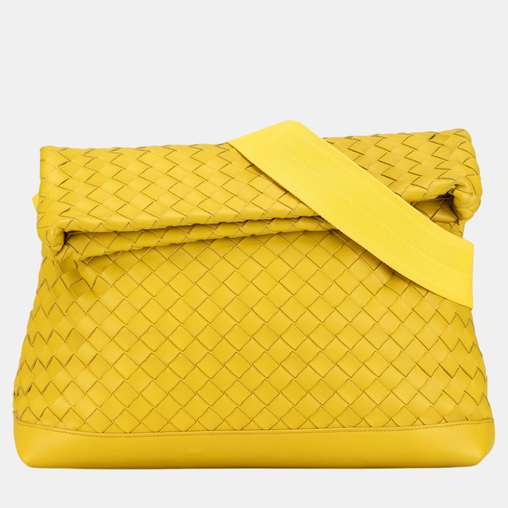 

Bottega Veneta Yellow Nappa Intrecciato Fold Over Crossbody