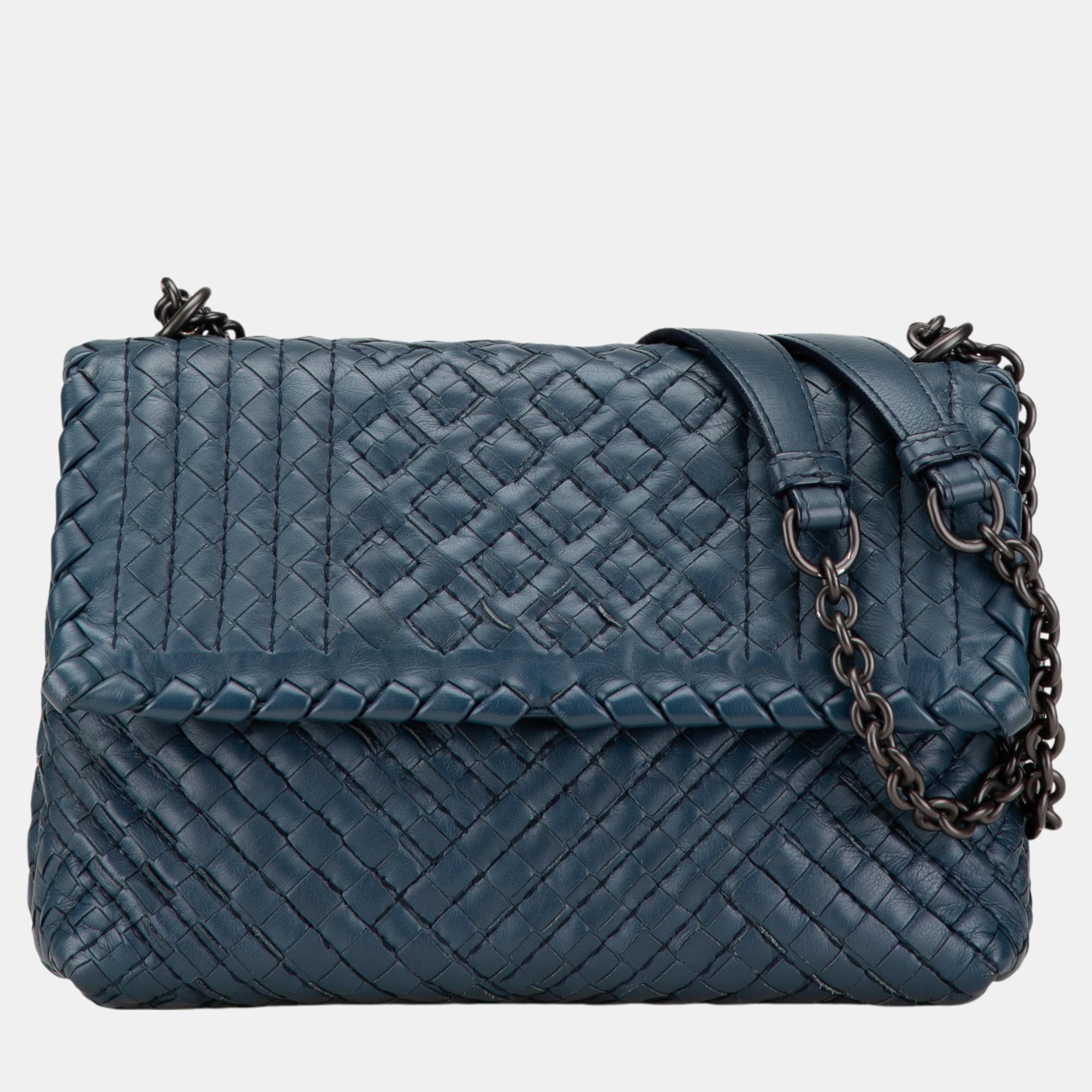 

Bottega Veneta Blue Nappa Intrecciato Stitched Small Olimpia Shoulder Bag