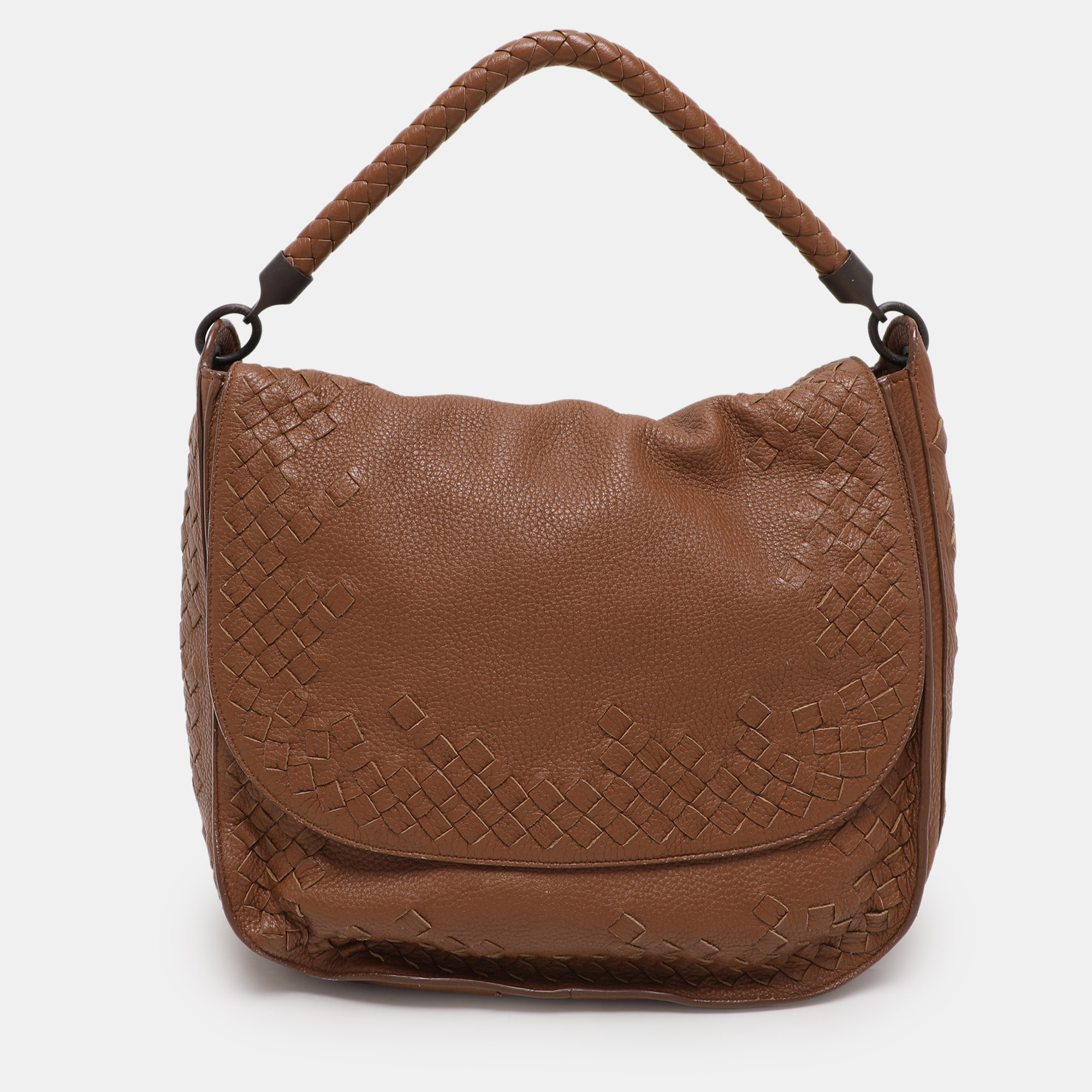 

Bottega Veneta Brown Intrecciato Leather Flap Hobo