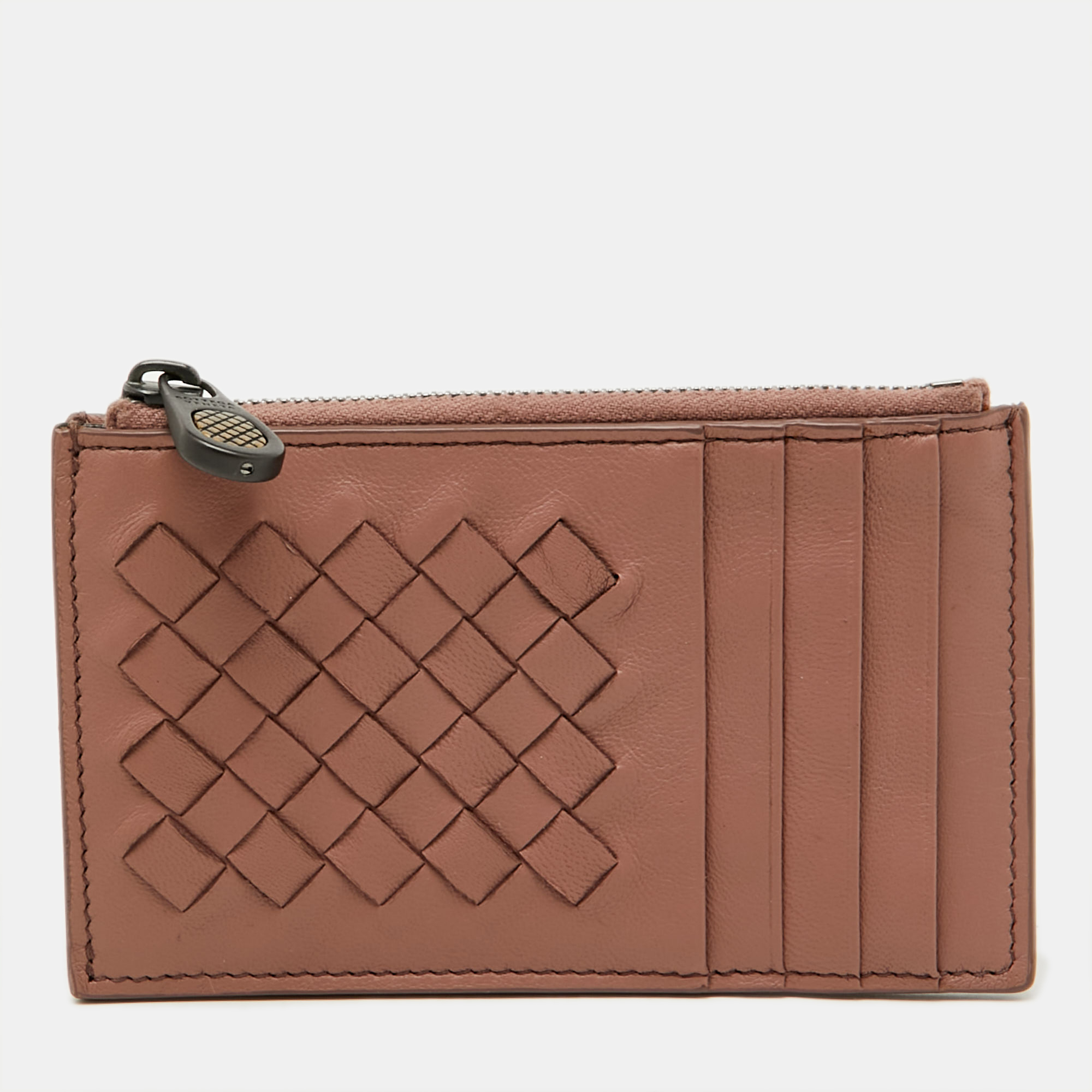 

Bottega Veneta Dusty Pink Leather Intrecciato Zip Card Case