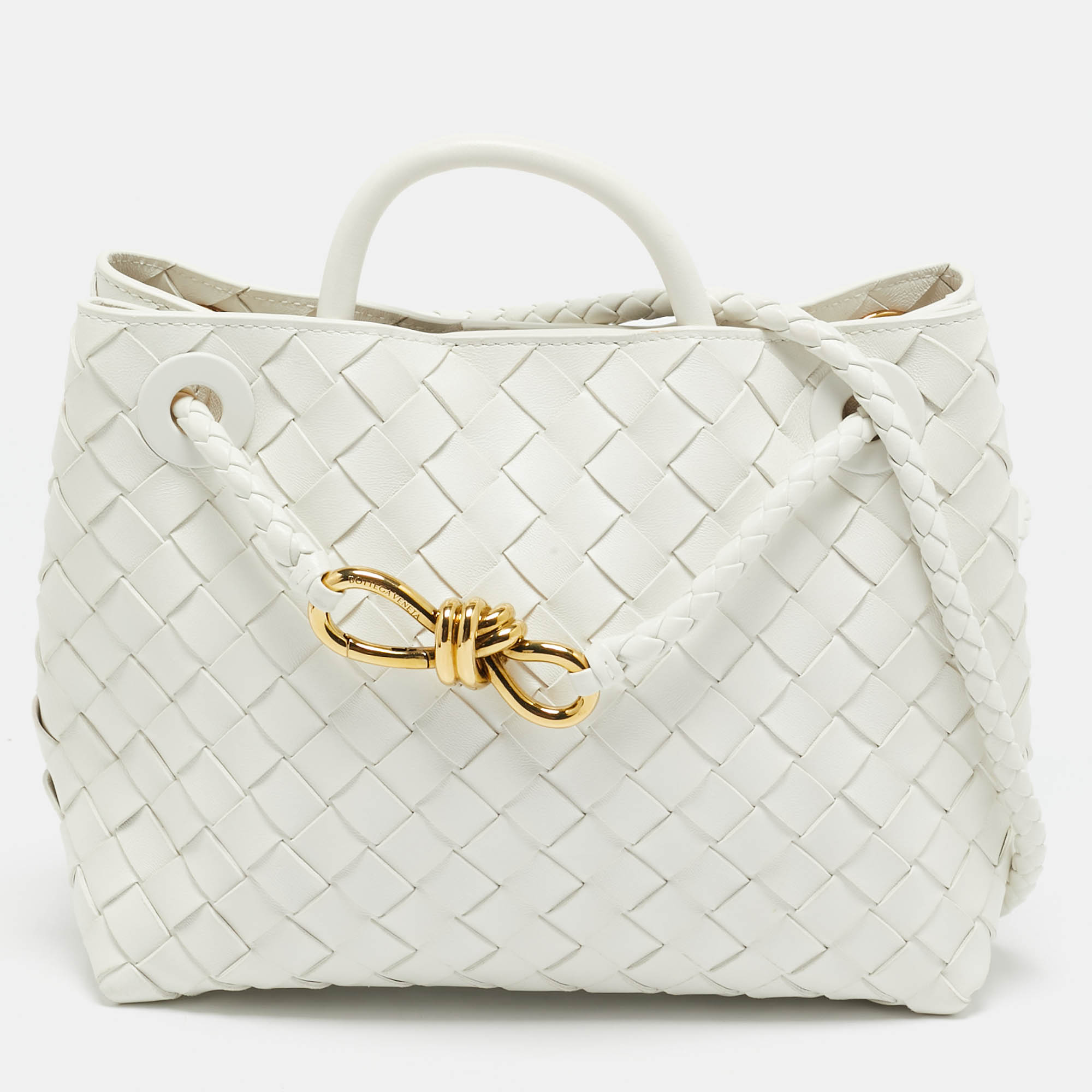 

Bottega Veneta White Intrecciato Leather Small Andiamo Tote