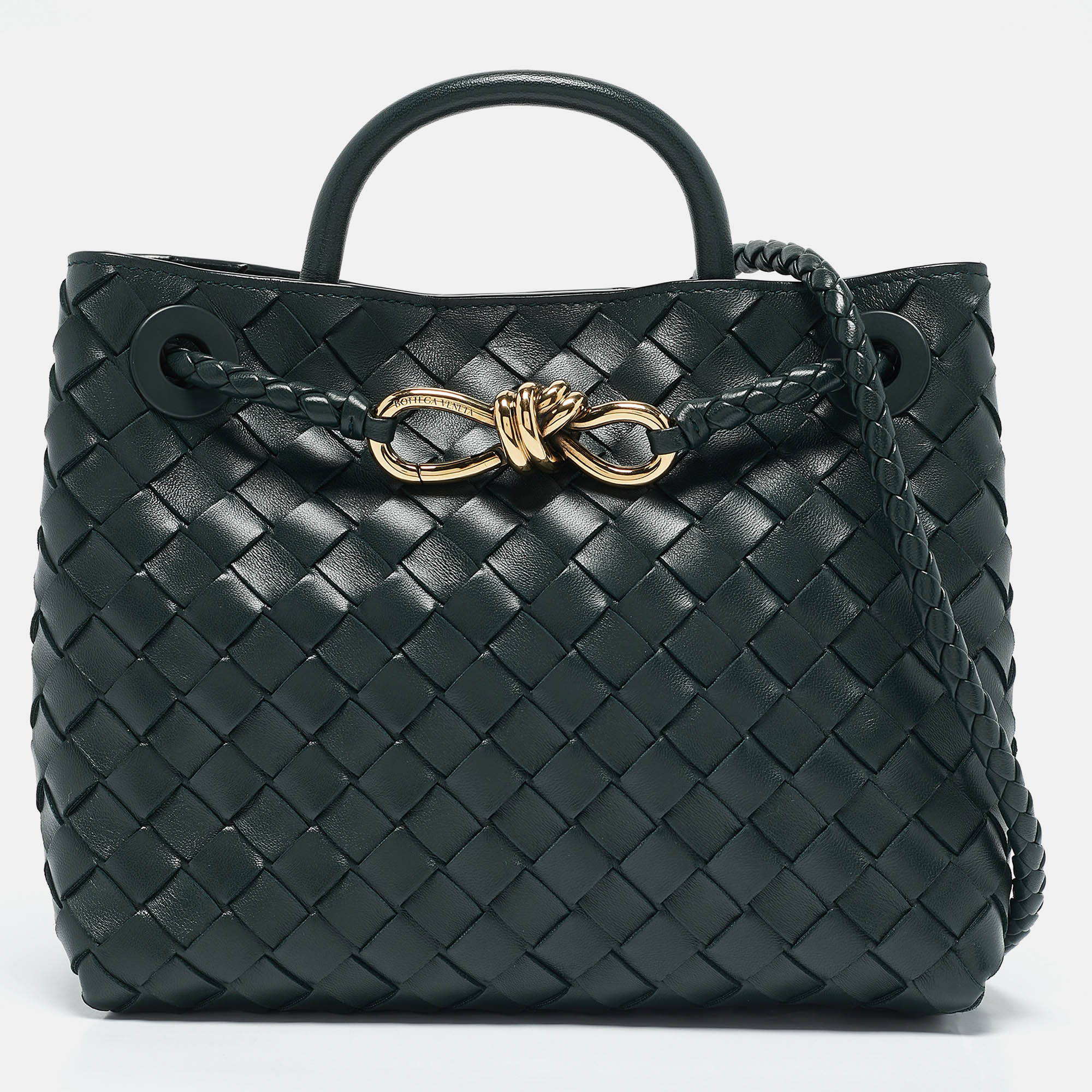 

Bottega Veneta Dark Green Intrecciato Leather Small Andiamo Tote