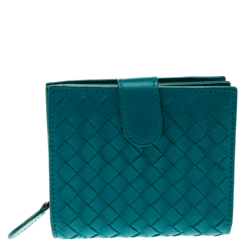 Pre Owned محفظة بوتيغا فينيتا كومباكت جلد انترشياتو تركواز