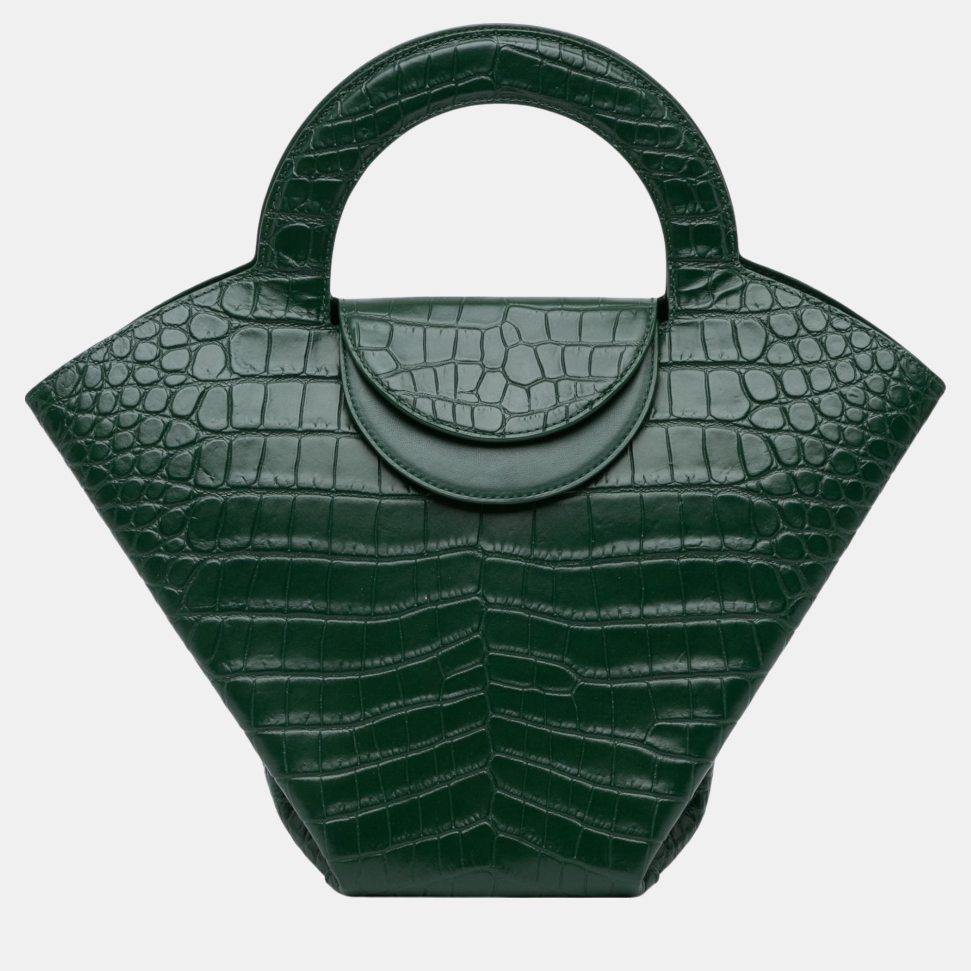 

Bottega Veneta Green Crocodile Embossed Doll Top Handle Bag