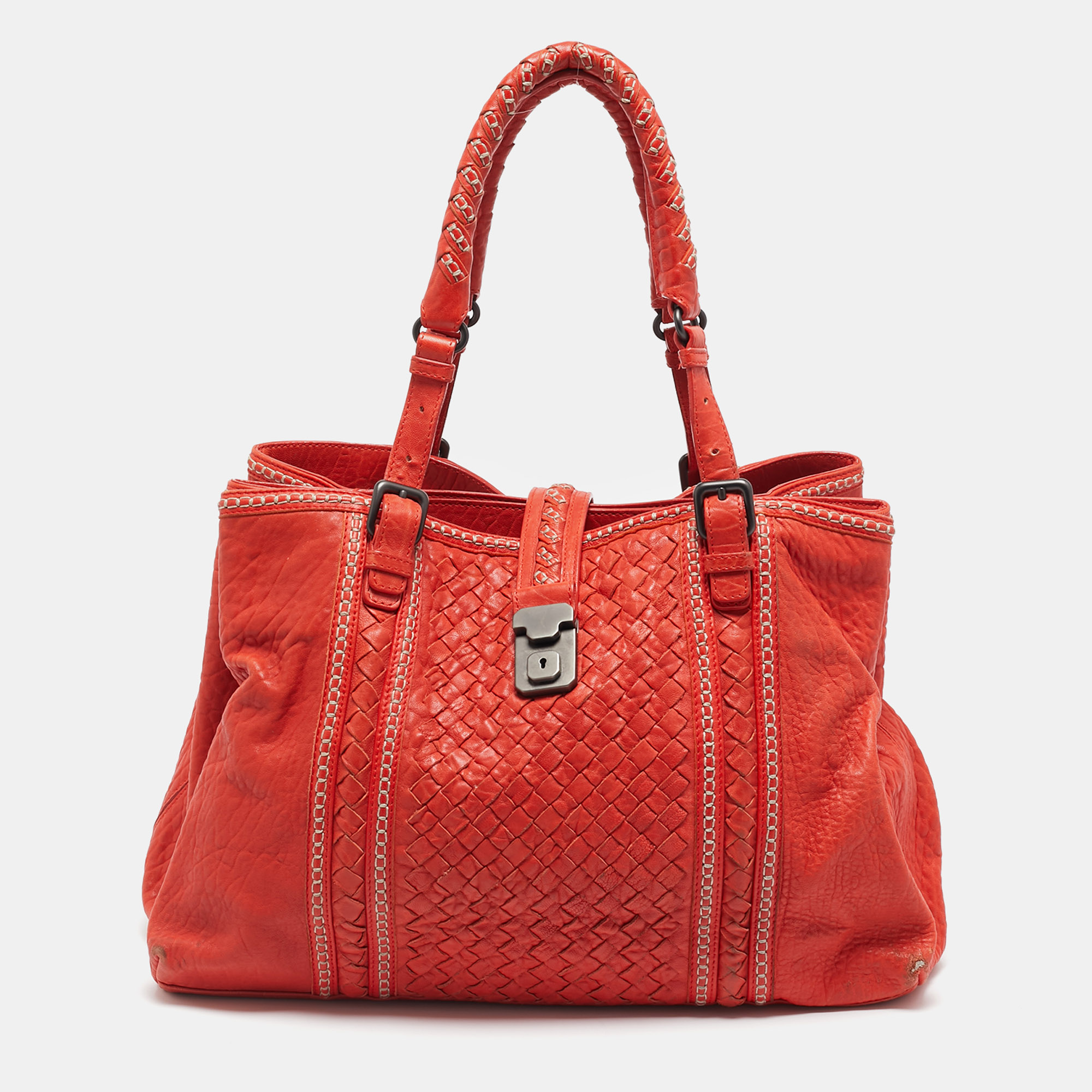 

Bottega Veneta Red Intrecciato Pebbled Leather  Roma Tote