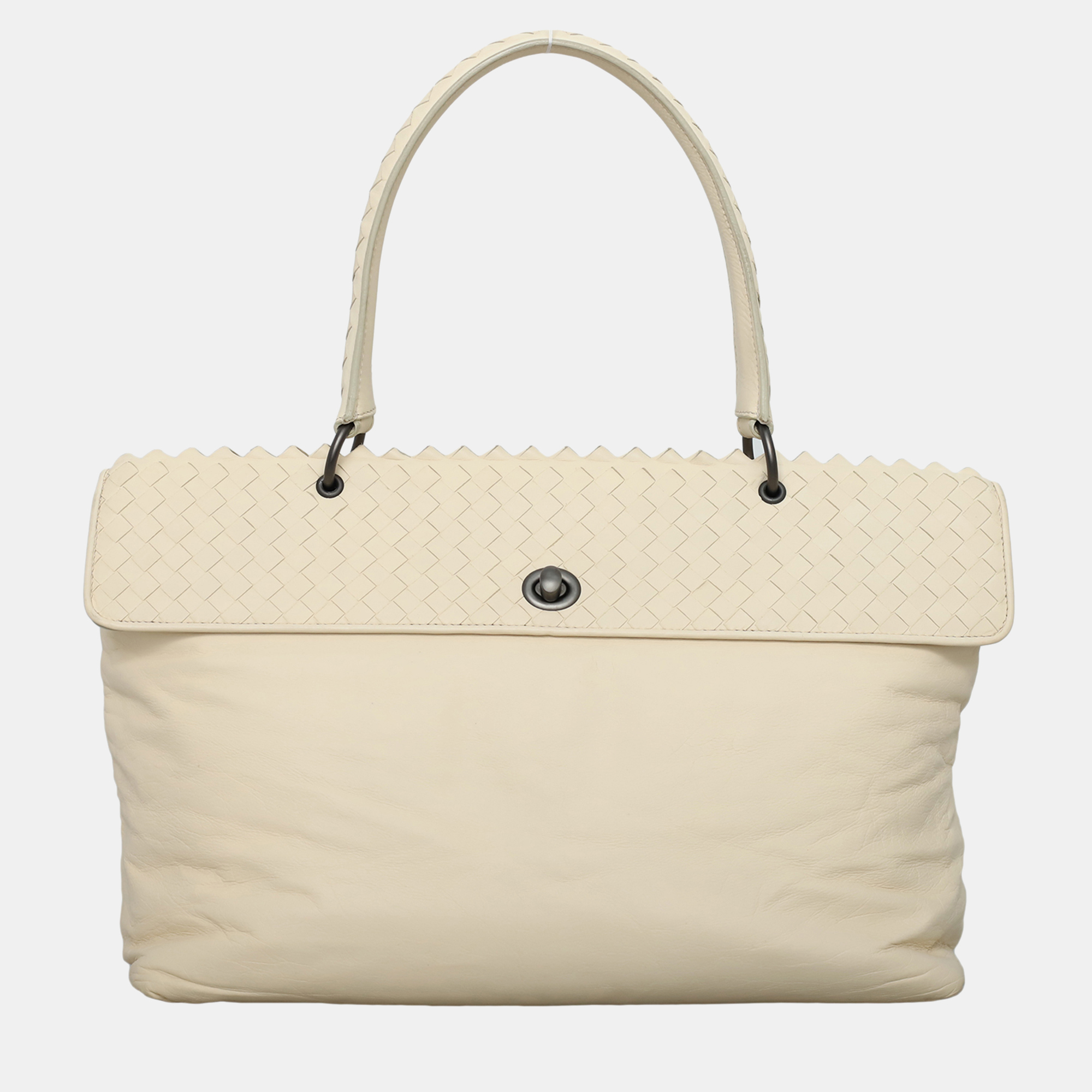 

Leather Intrecciato-Trim Top Handle Bag, White