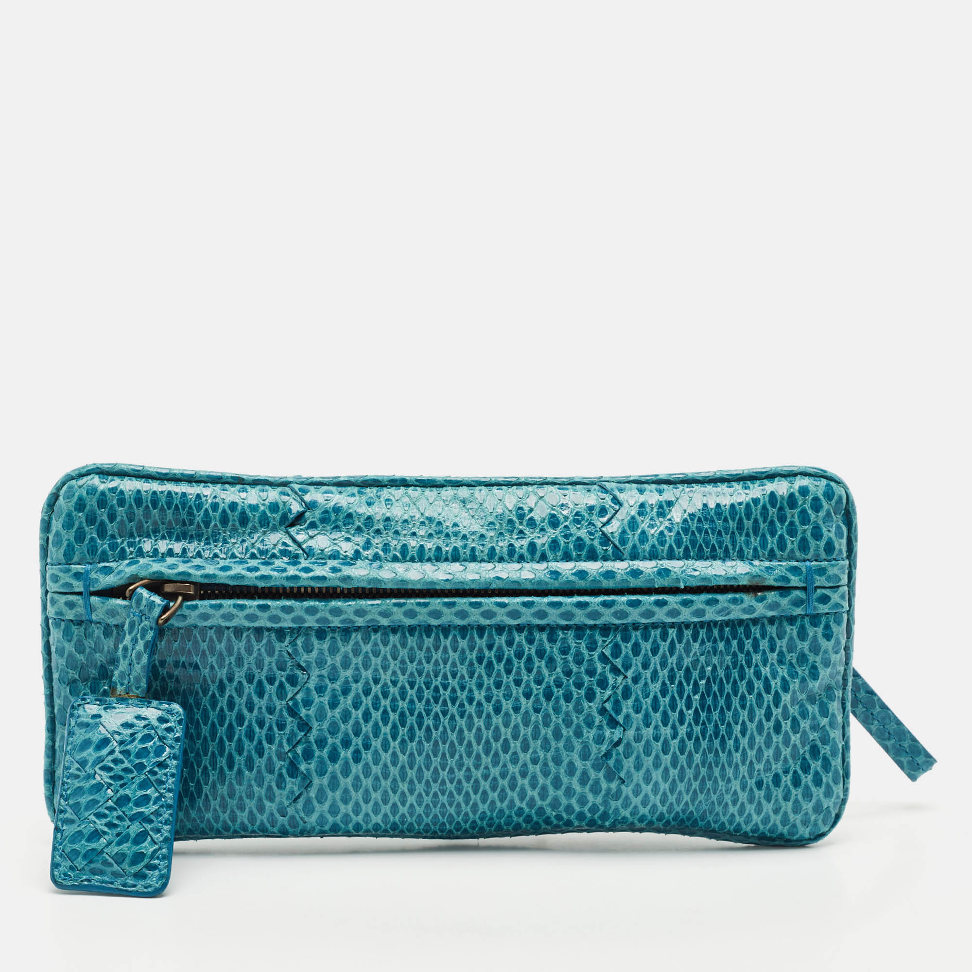 

Bottega Veneta Blue Snakeskin Double Zip Clutch
