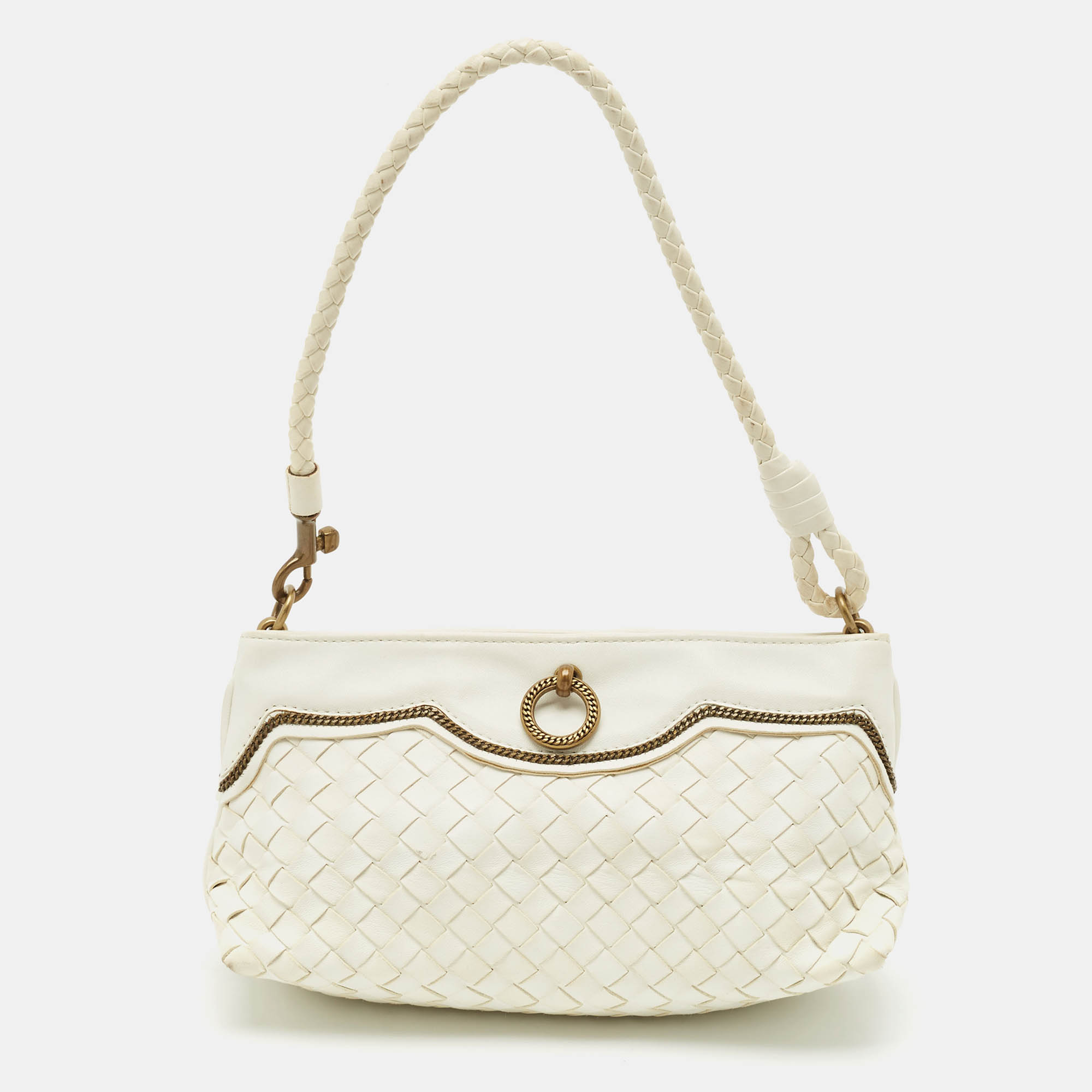 

Bottega Veneta White Intrecciato Leather Frame Pochette Bag