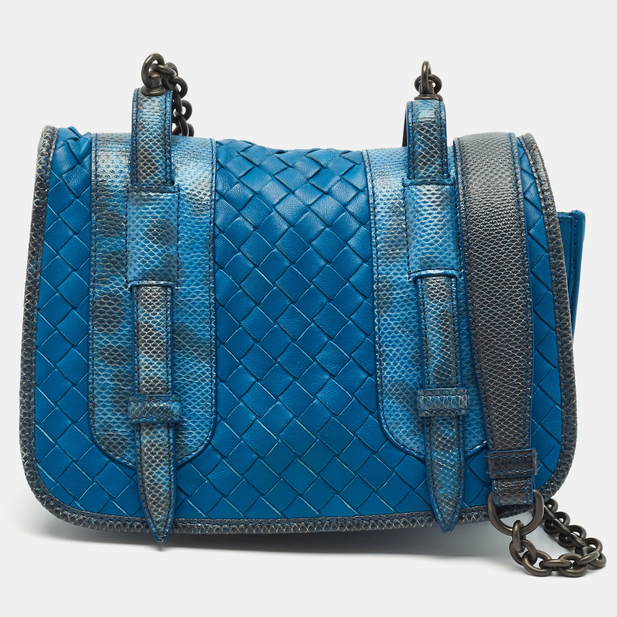 

Bottega Veneta Blue Karung and Leather Flap Shoulder Bag