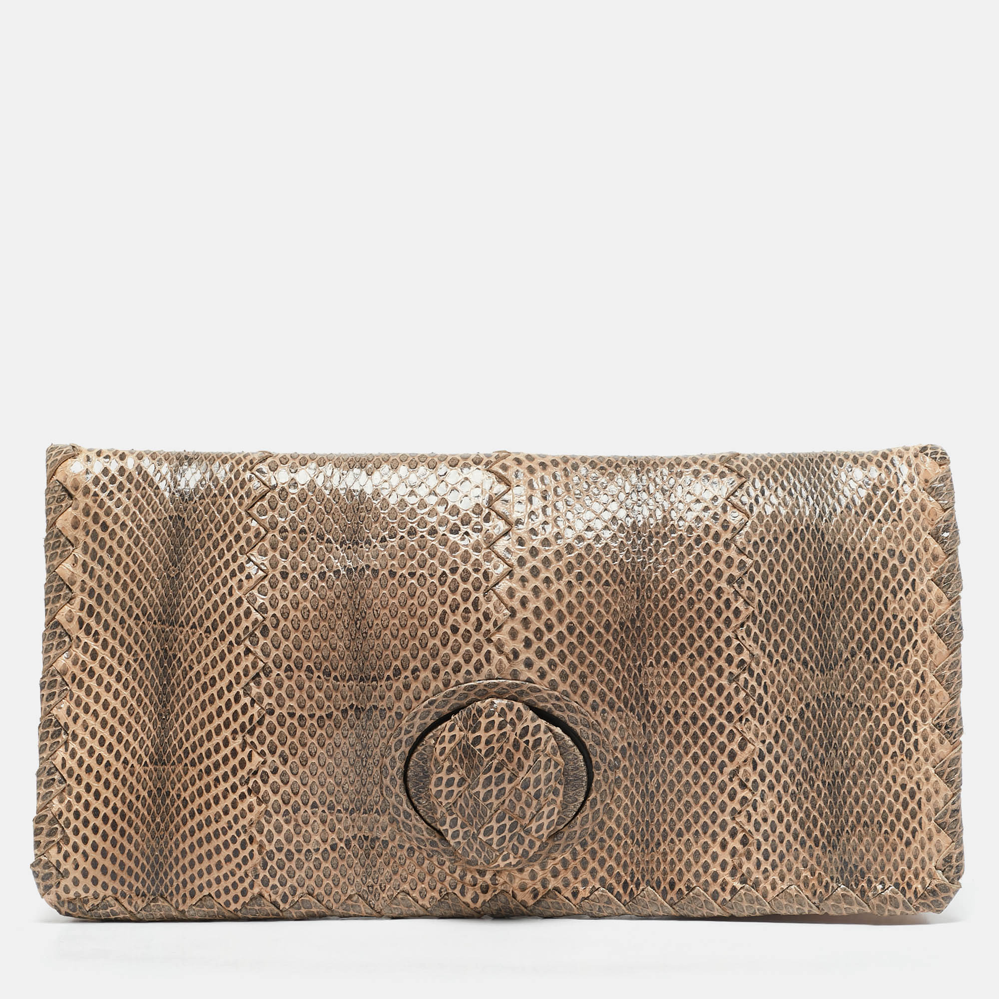 

Bottega Veneta Beige/Black Watersnake Turnlock Flap Clutch