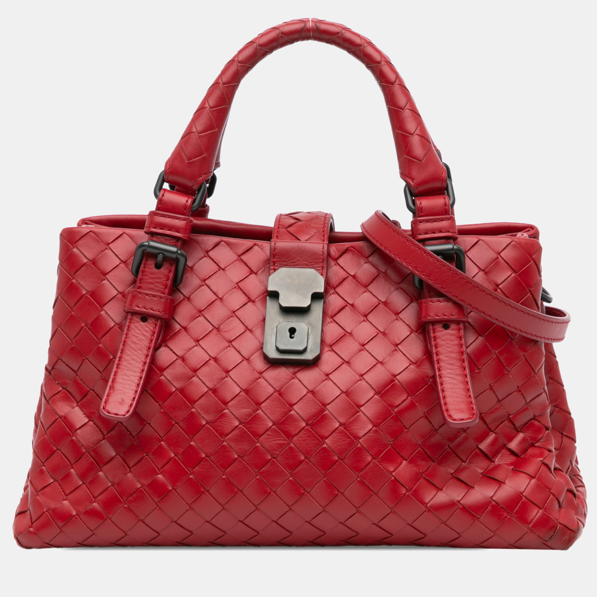 

Bottega Veneta Red Nappa Intrecciato Roma Mini Satchel
