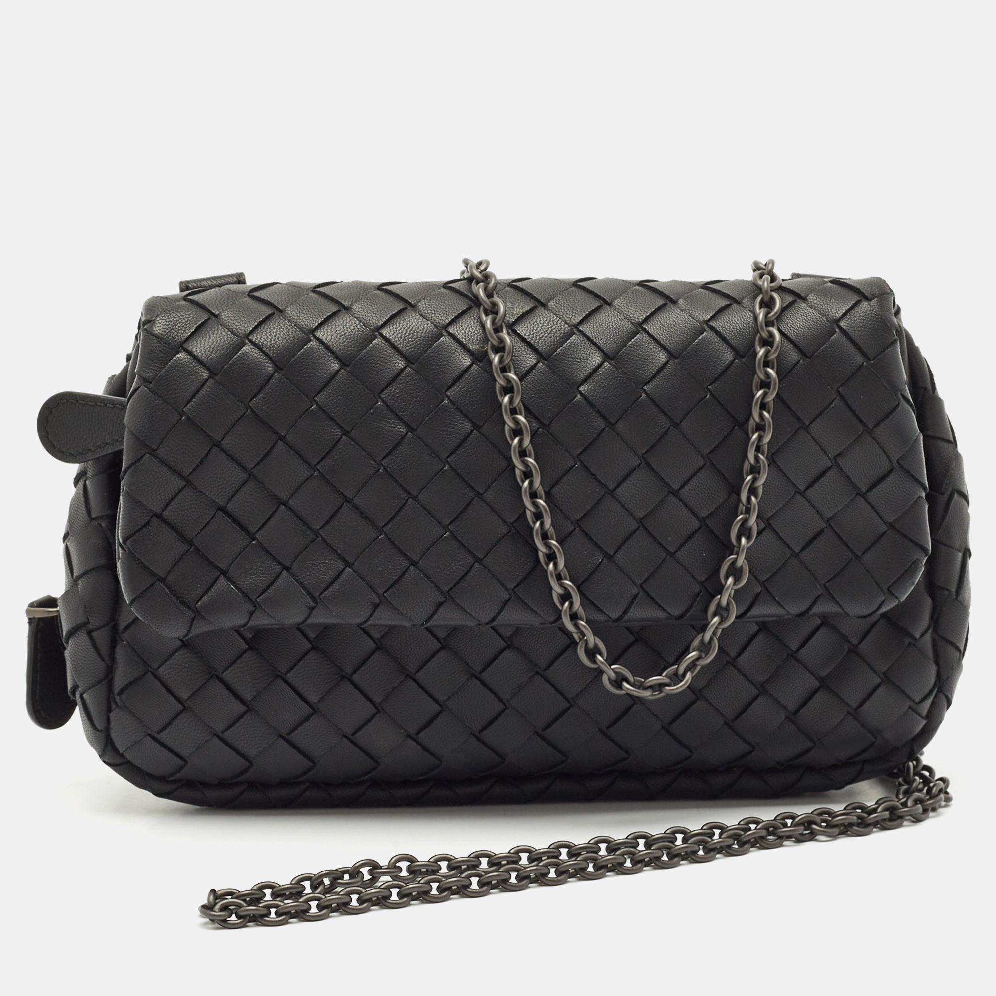 

Bottega Veneta Black Intrecciato Leather Flap Chain Crossbody Bag