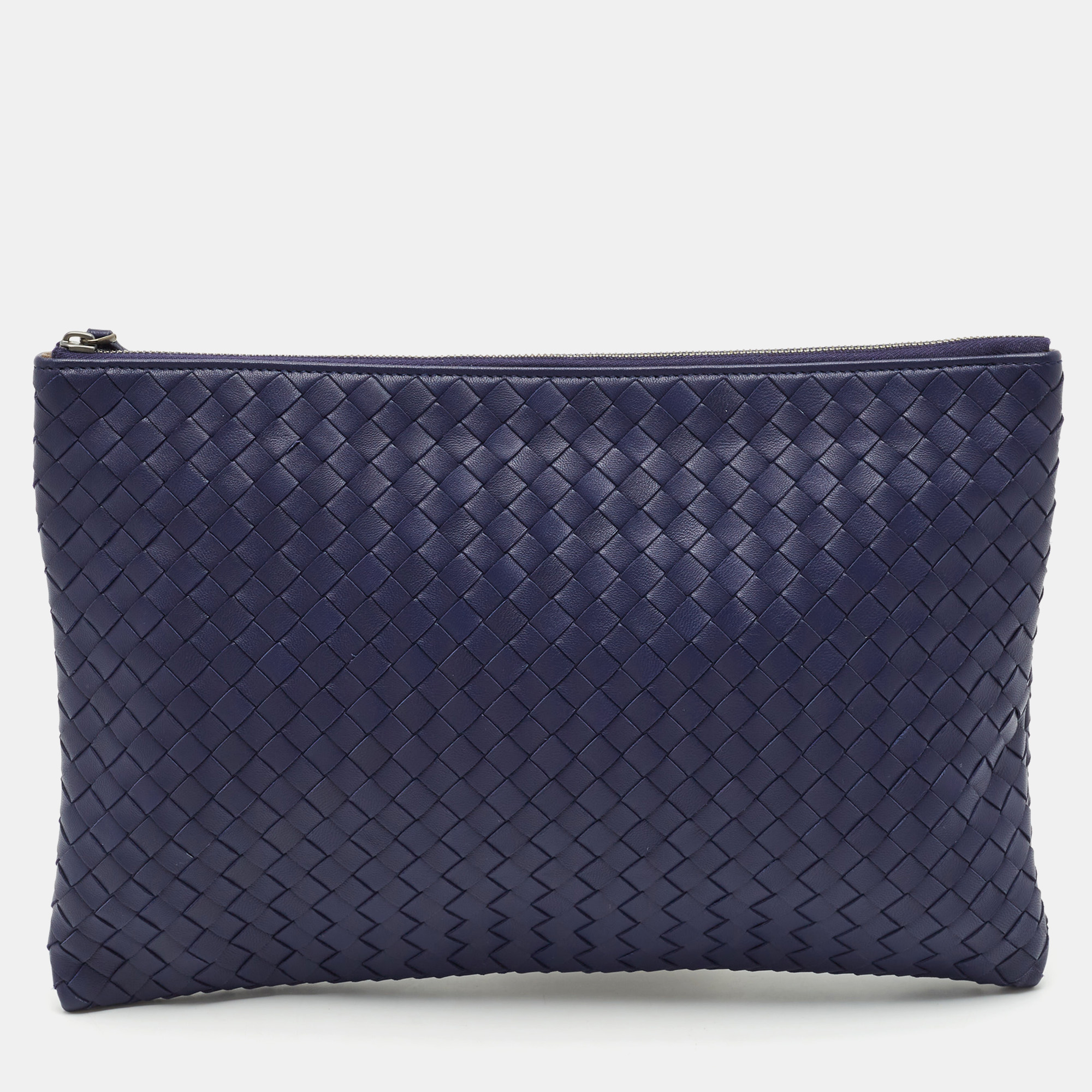 

Bottega Veneta Blue Intrecciato Leather Zip Clutch
