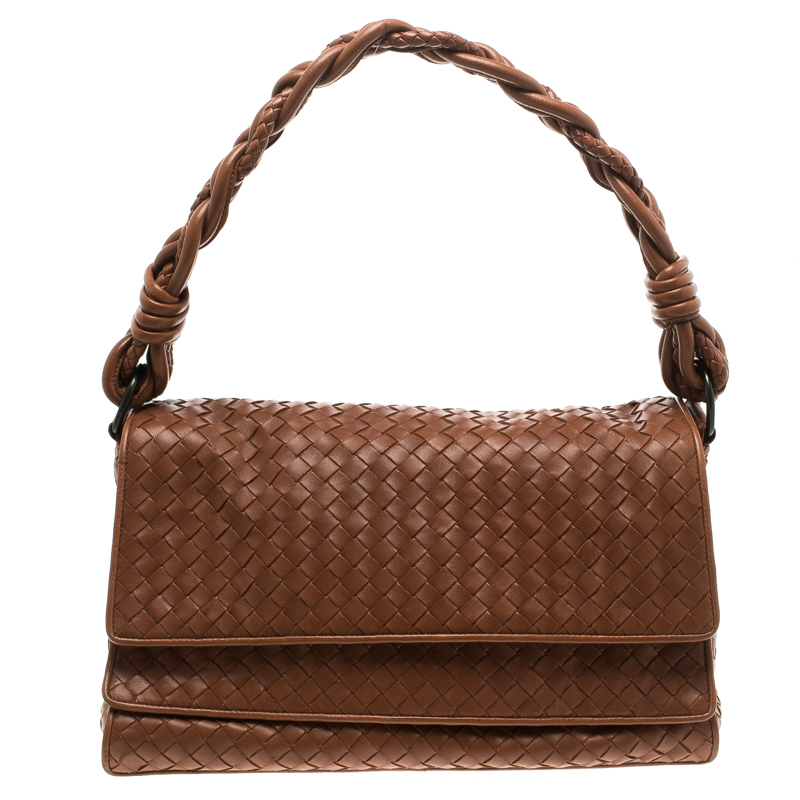 Pre Owned Bottega Veneta Copper Intrecciato Leather Braided Handle Flap Shoulder Bag