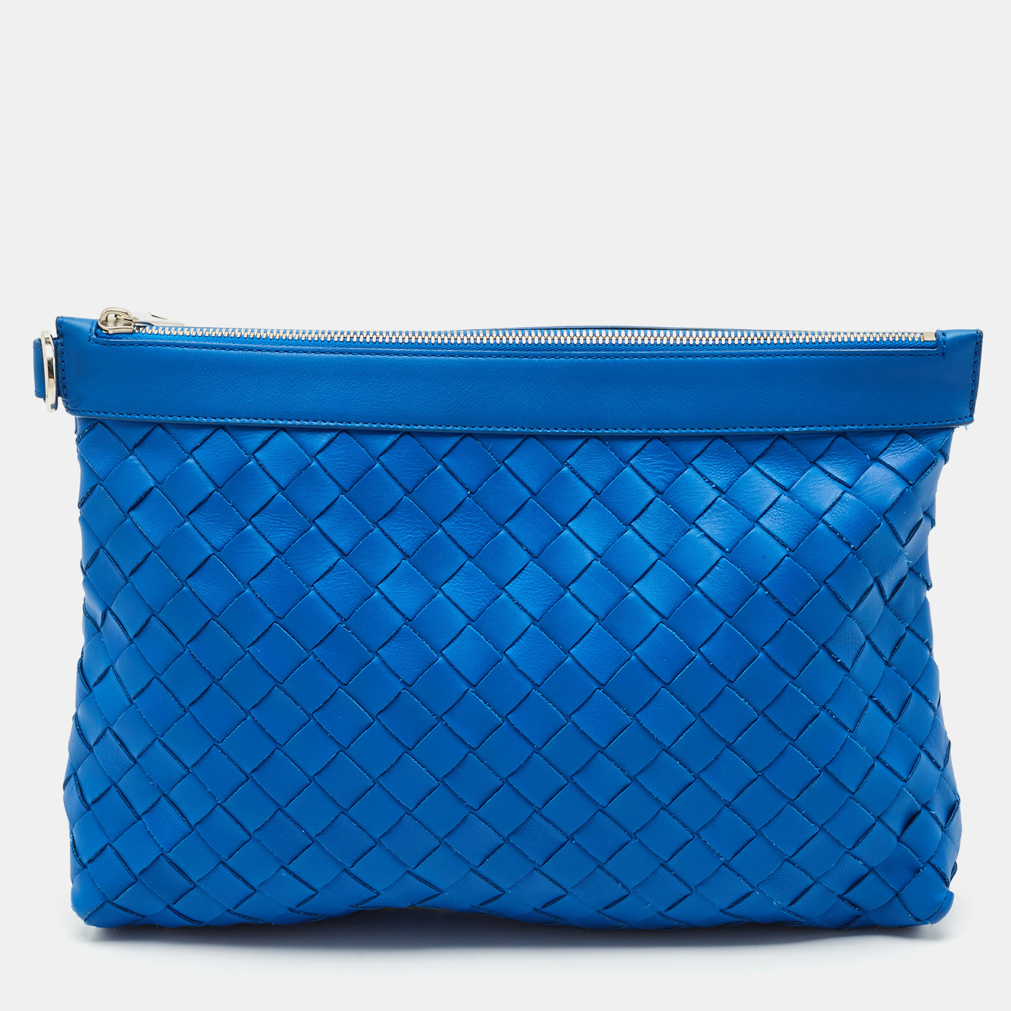 

Bottega Veneta Blue Intrecciato Leather Top Zip Pouch