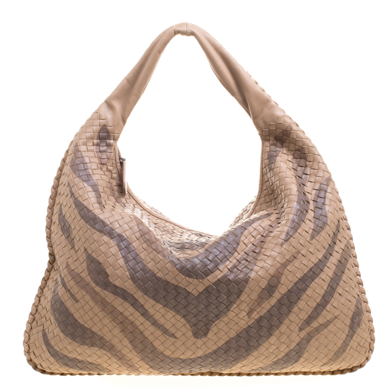 Pre Owned Bottega Veneta Beige Tiger Print Intrecciato Leather Python Trim Hobo
