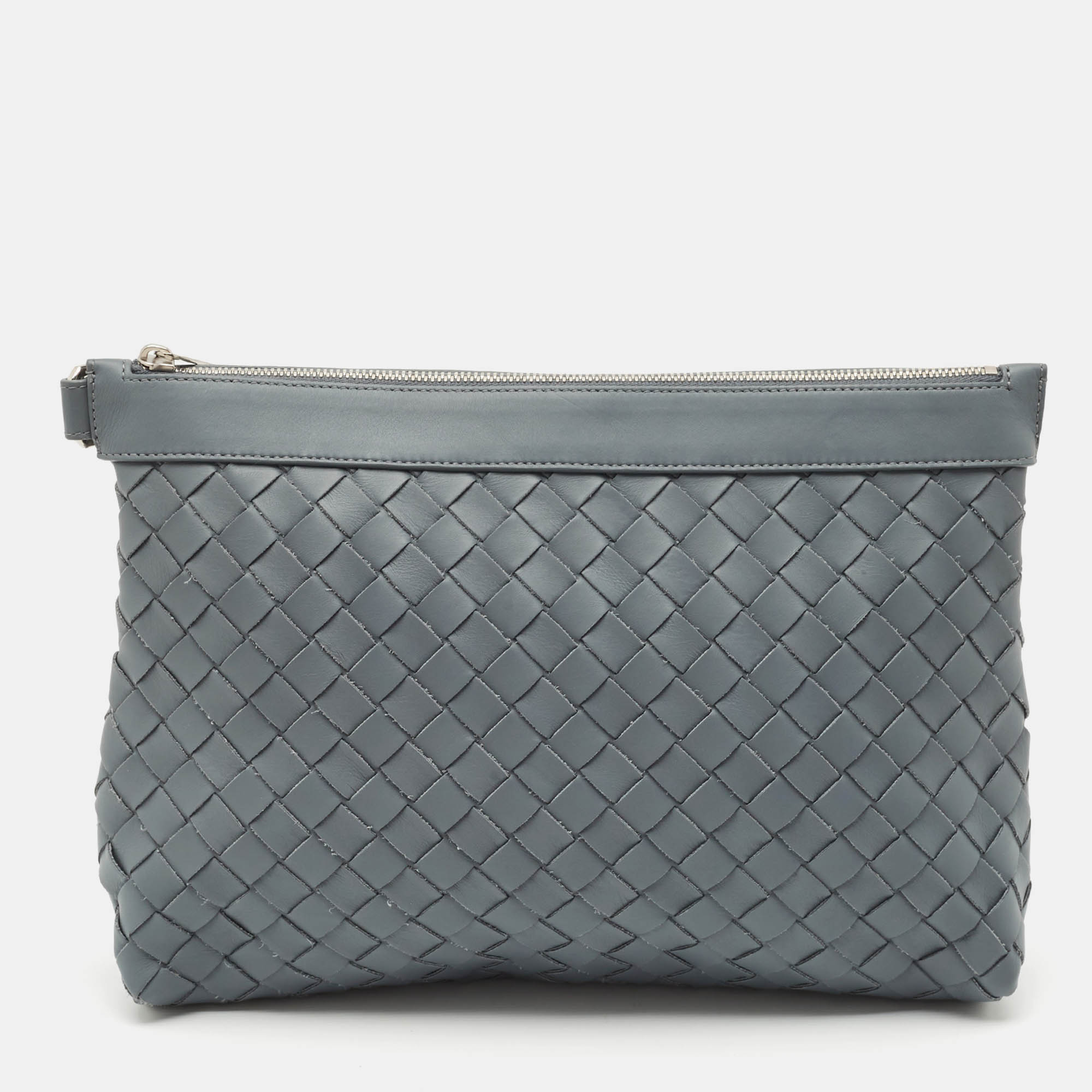 

Bottega Veneta Slate Grey Intrecciato Leather Oversized Zip Pouch