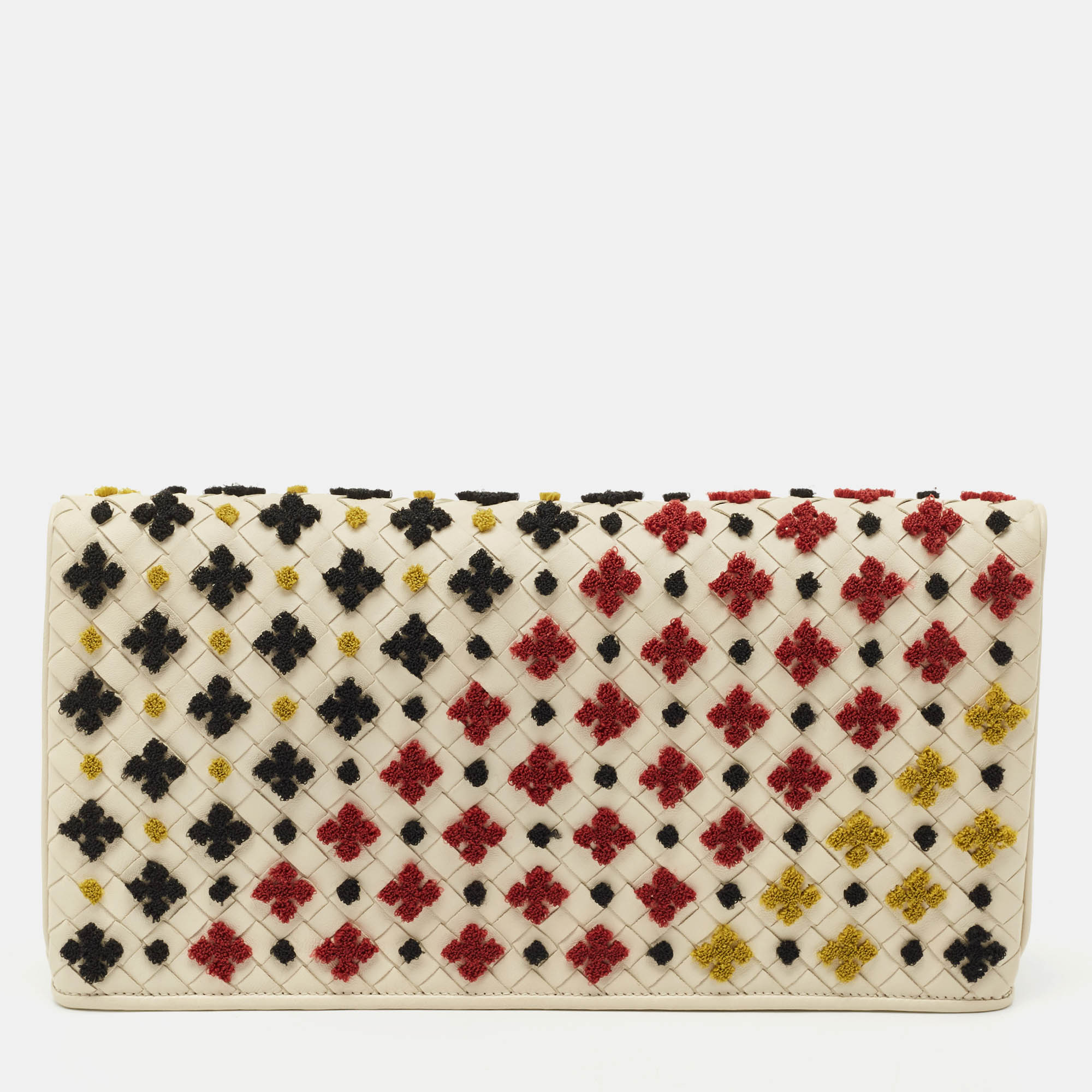 

Bottega Veneta Off White Intrecciato Leather Mosaic Stitch Flap Clutch