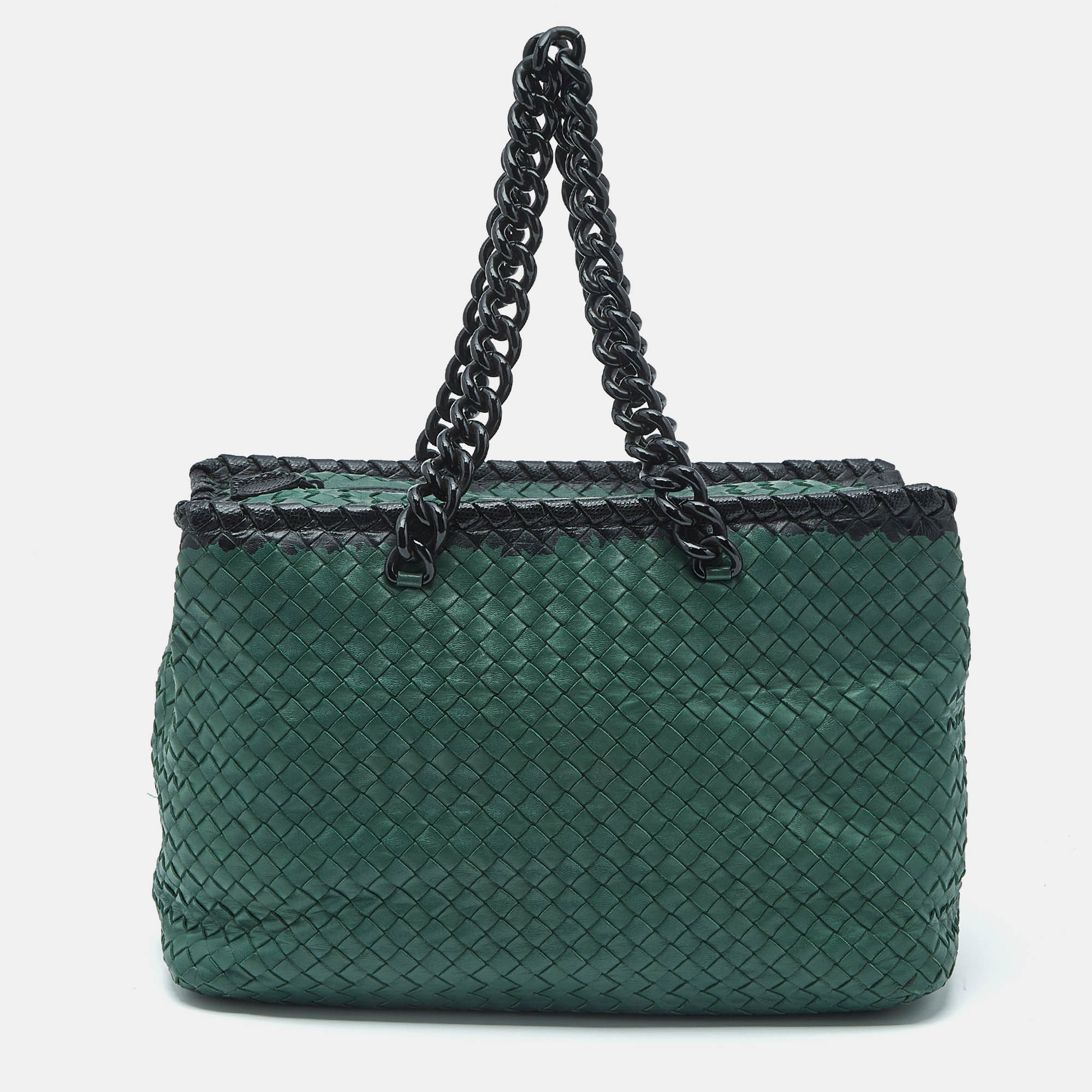 Pre-owned Bottega Veneta Green/black Intrecciato Leather And Karung Chain Tote