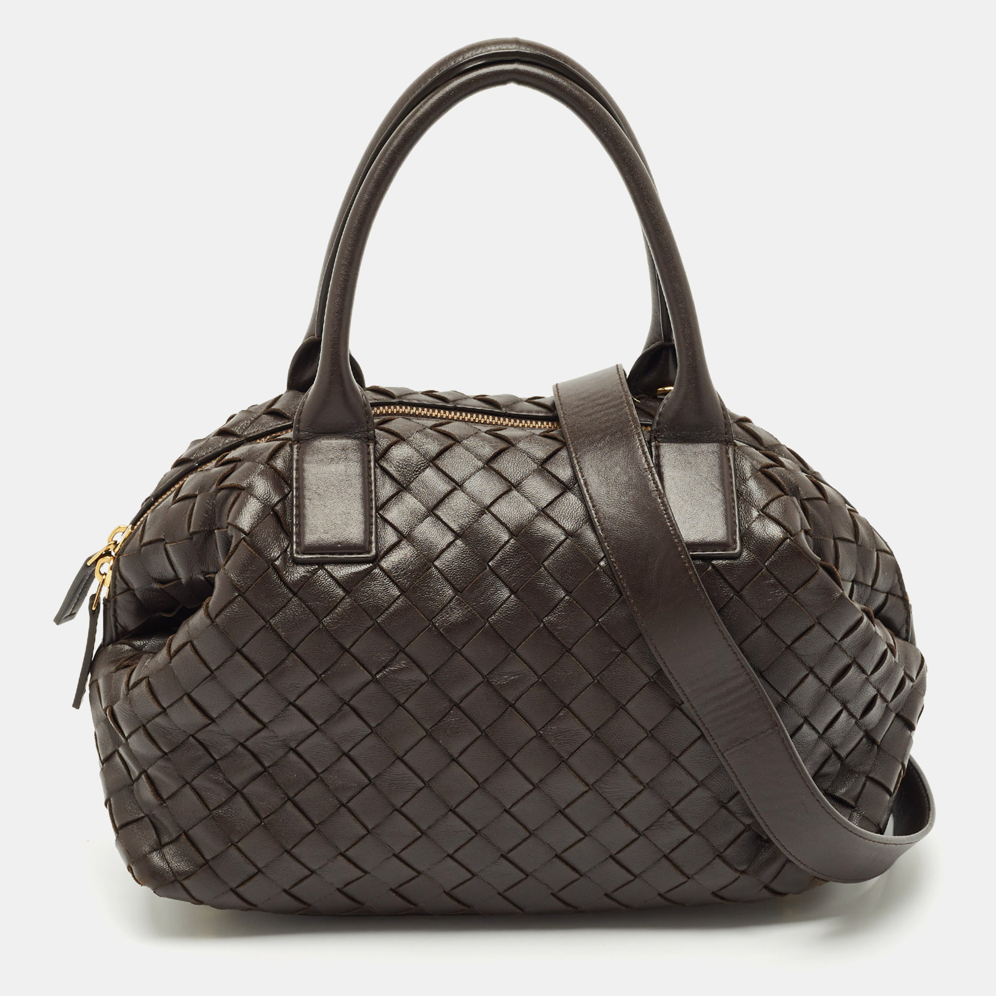 

Bottega Veneta Choco Brown Intrecciato Leather  Bauletto Bag
