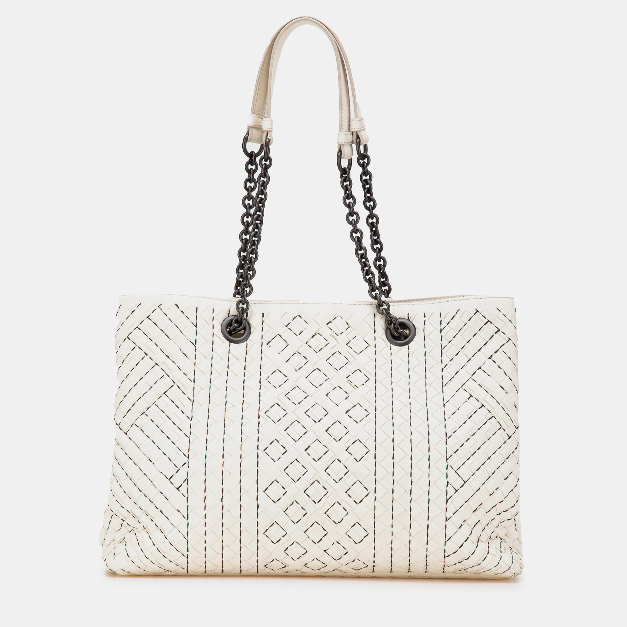 

Bottega Veneta Double Chain Tote Medium White Intrecciato Stitched Leather Bag