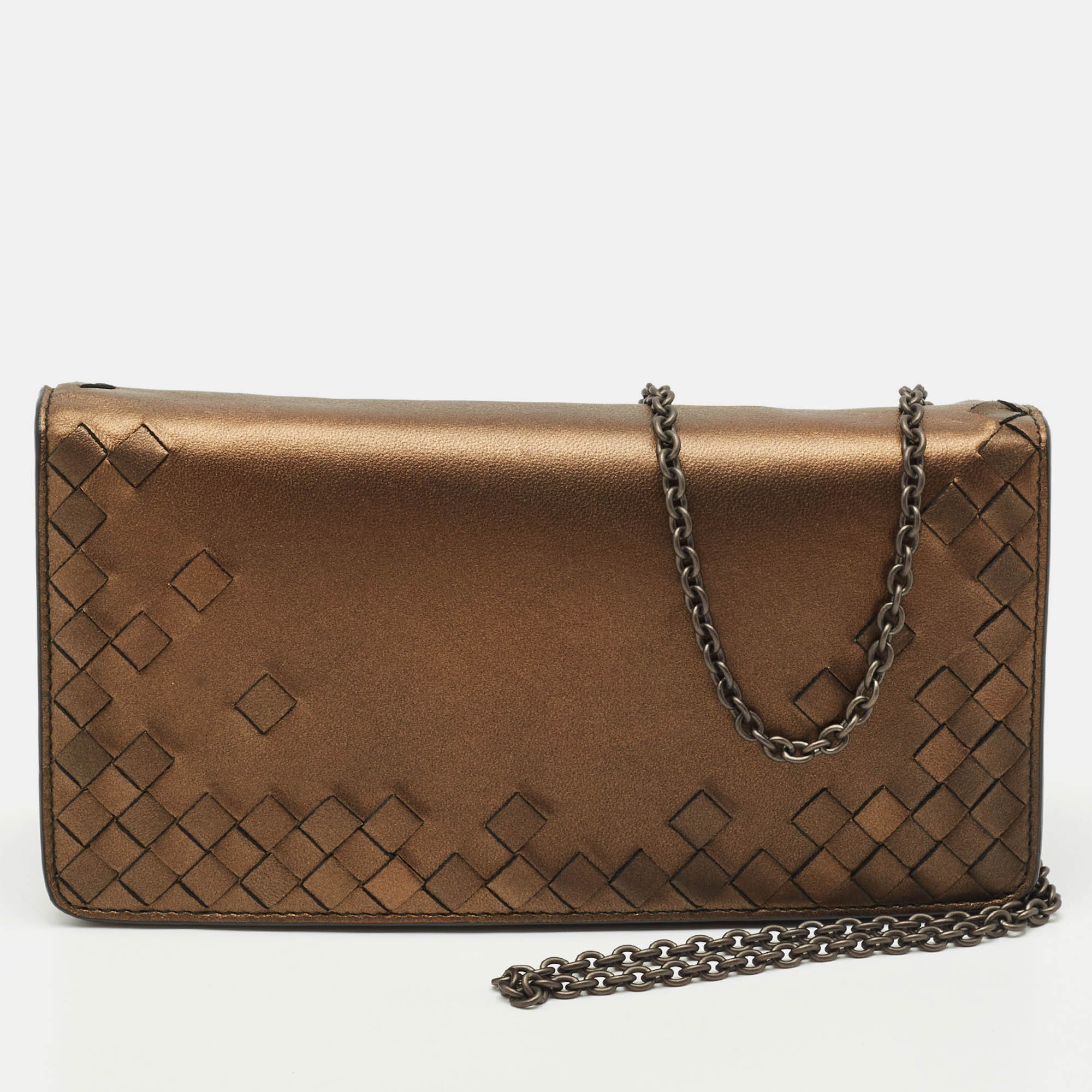 Pre-owned Bottega Veneta Bronze Intrecciato Leather Chain Clutch In Brown