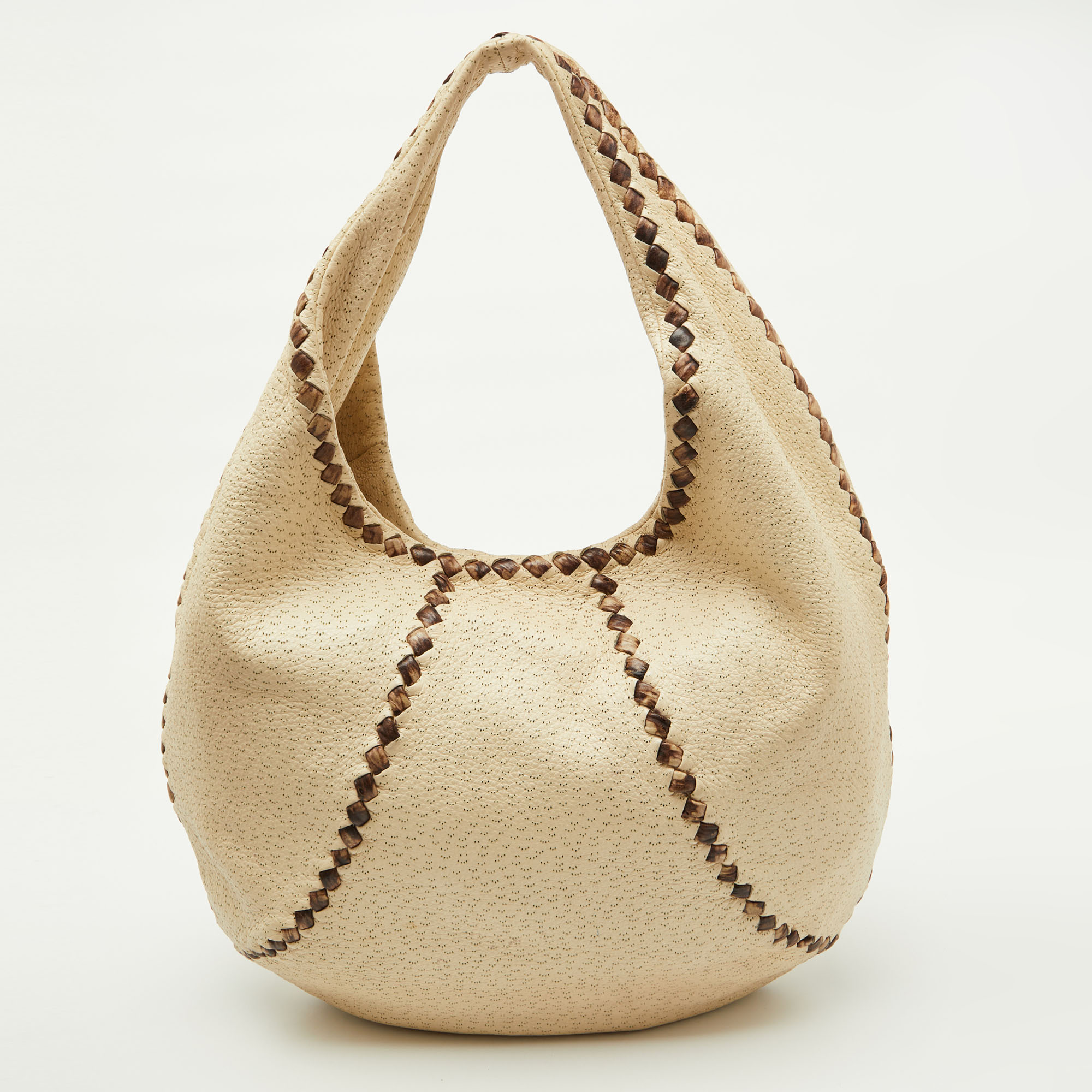

Bottega Veneta Off White/Brown Perforated Leather Baseball Hobo