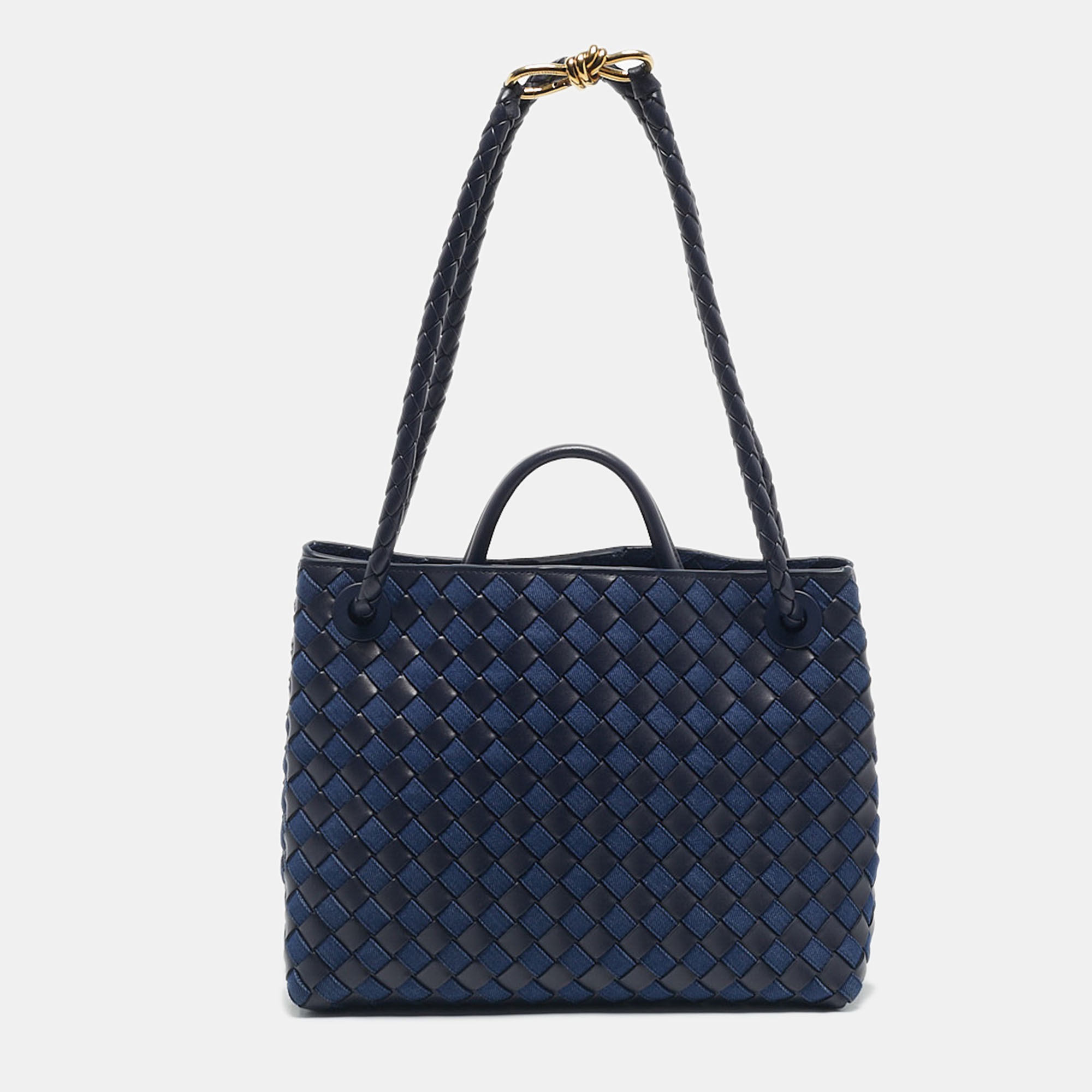 

Bottega Veneta Two Tone Blue Intrecciato Leather and Denim  Andiamo Bag
