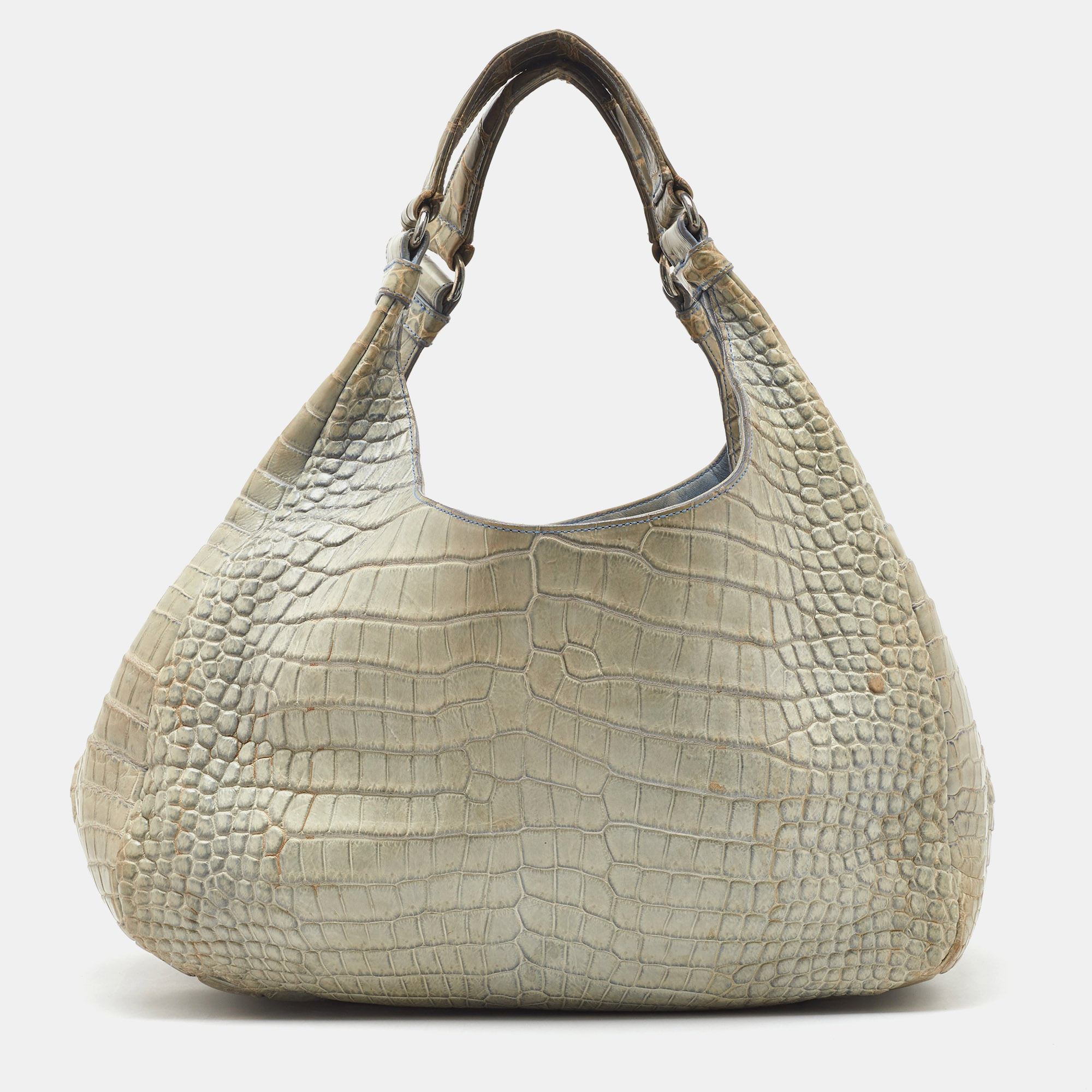 

Bottega Veneta Beige/Blue Crocodile Campana Hobo