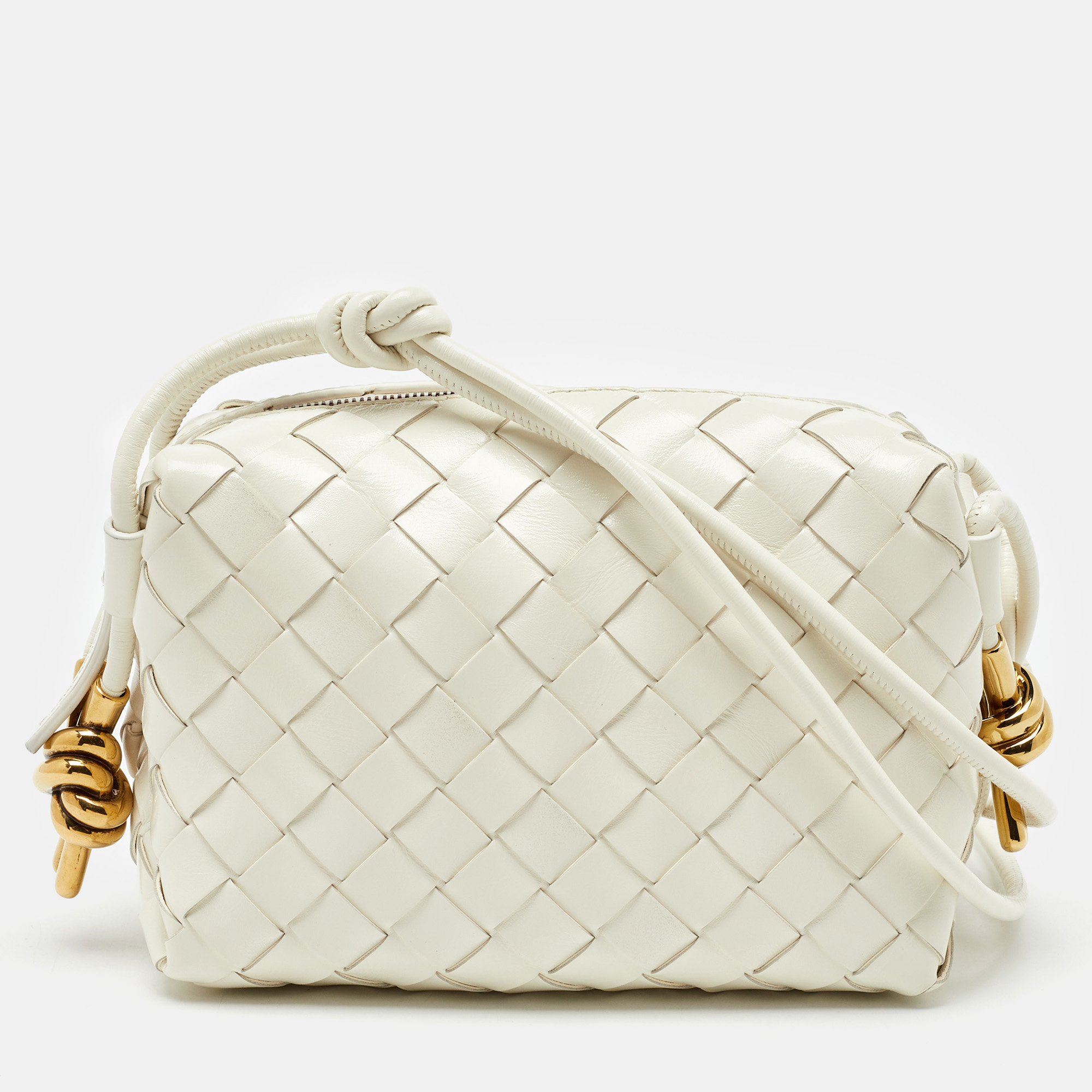 

Bottega Veneta White Shiny Intrecciato Leather Mini Loop Crossbody Bag