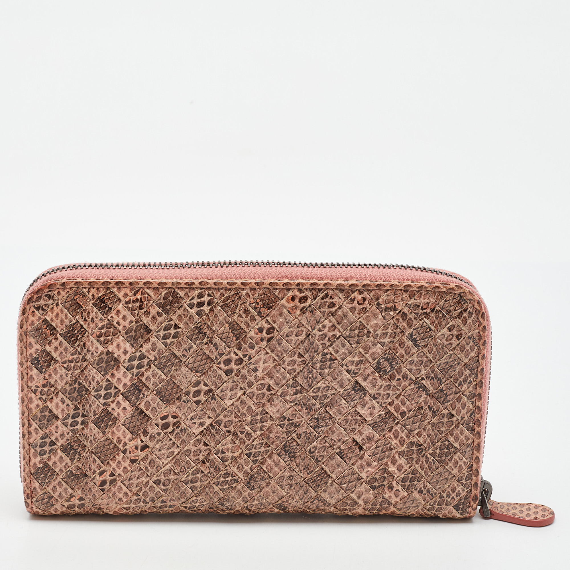 

Bottega Veneta Peach/Brown Intrecciato Karung Leather Zip Continental Wallet, Pink
