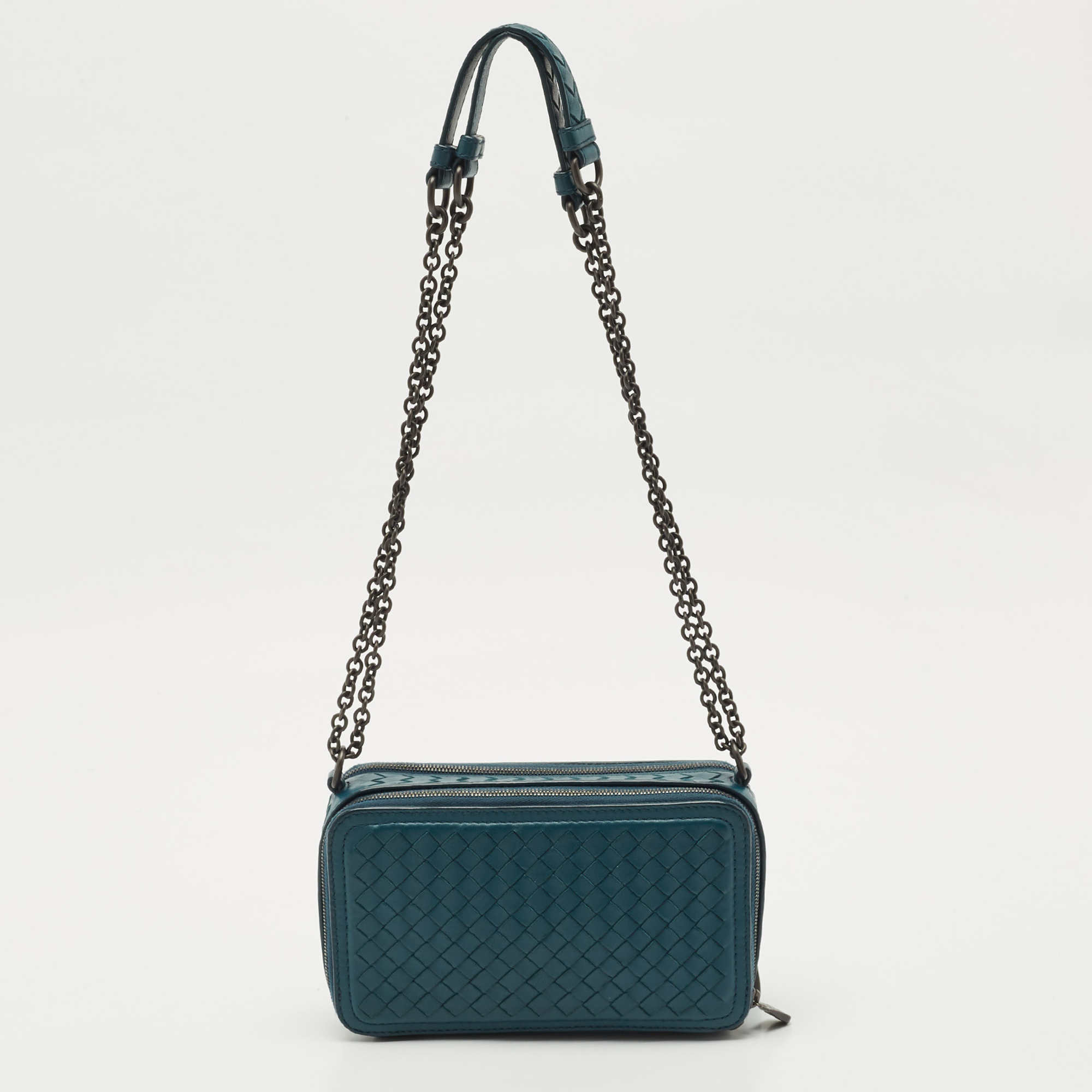 

Bottega Veneta Teal Blue Intrecciato Leather  Double Zip Shoulder Bag