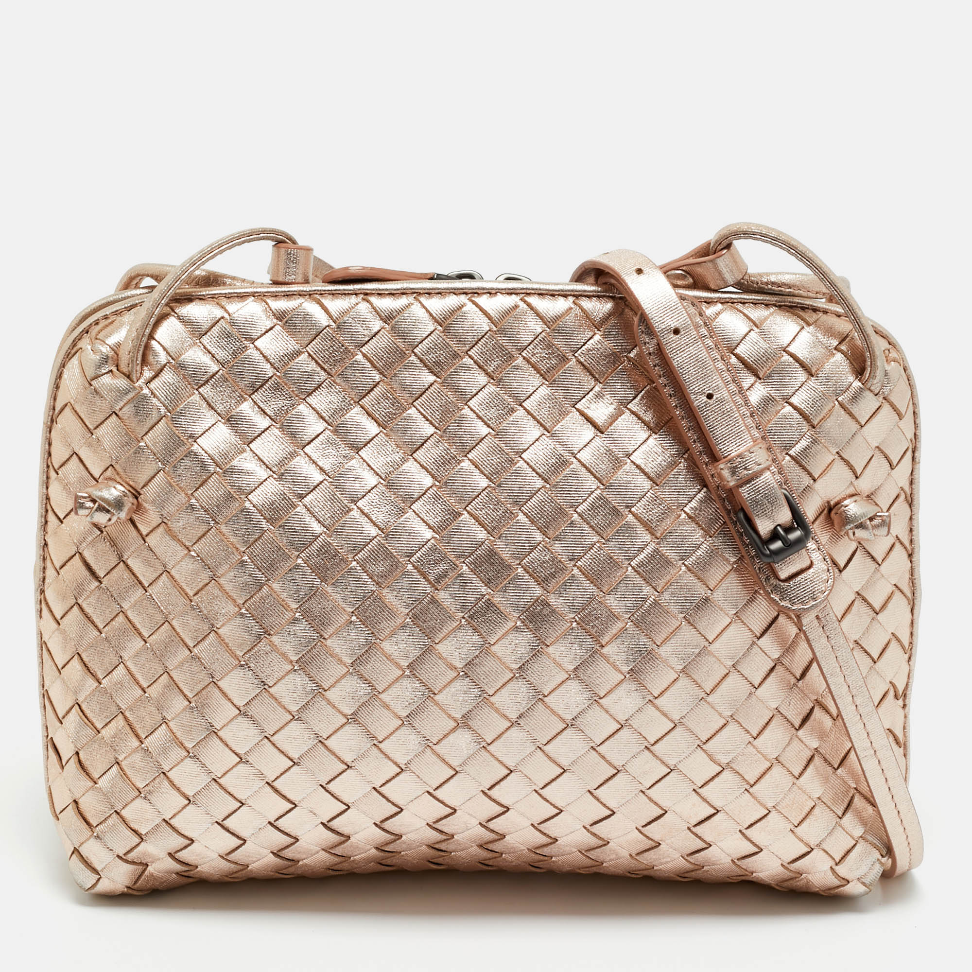 

Bottega Veneta Rose Gold Intrecciato Leather Nodini Crossbody Bag