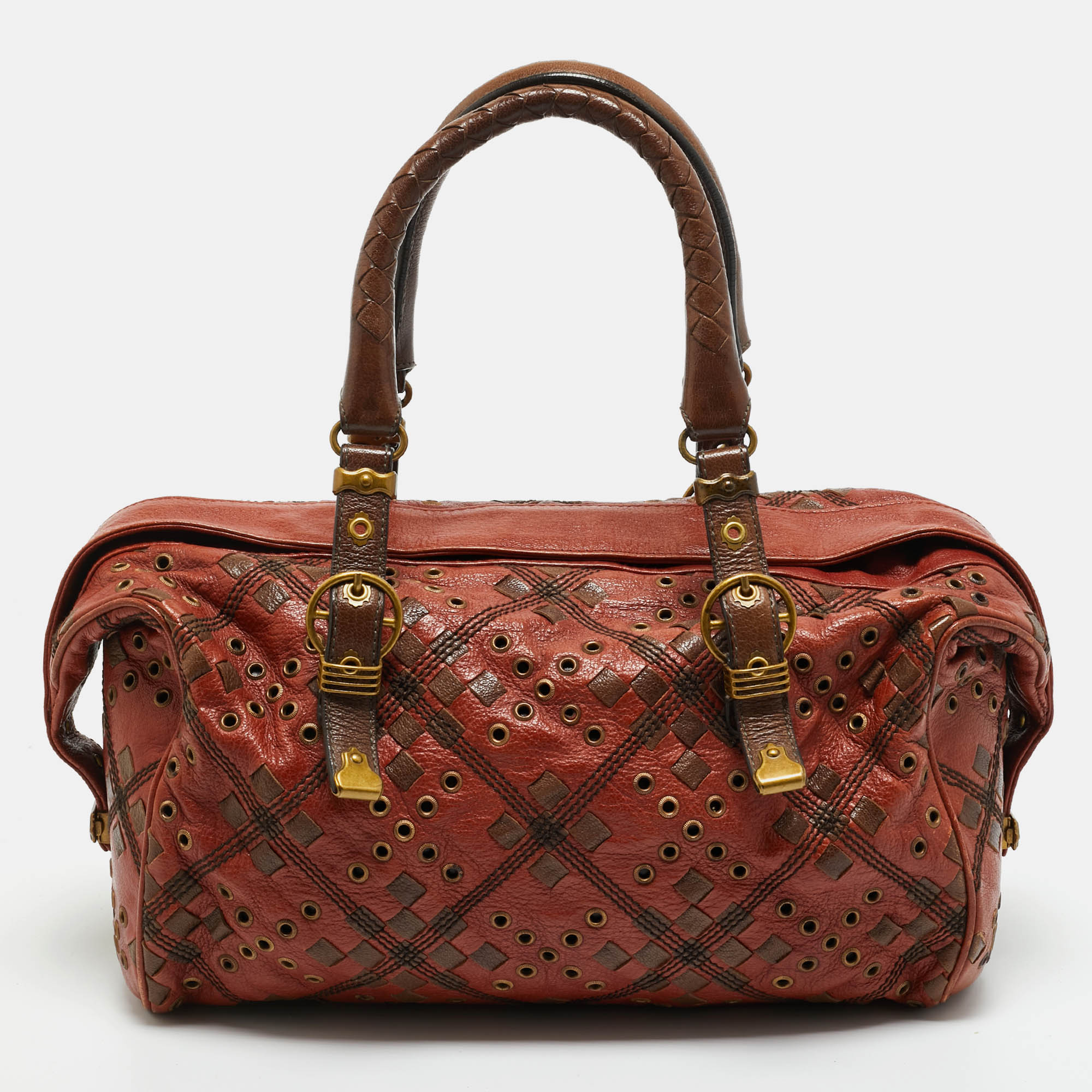 Pre-owned Bottega Veneta Brown Leather Grommet Frame Boston Bag