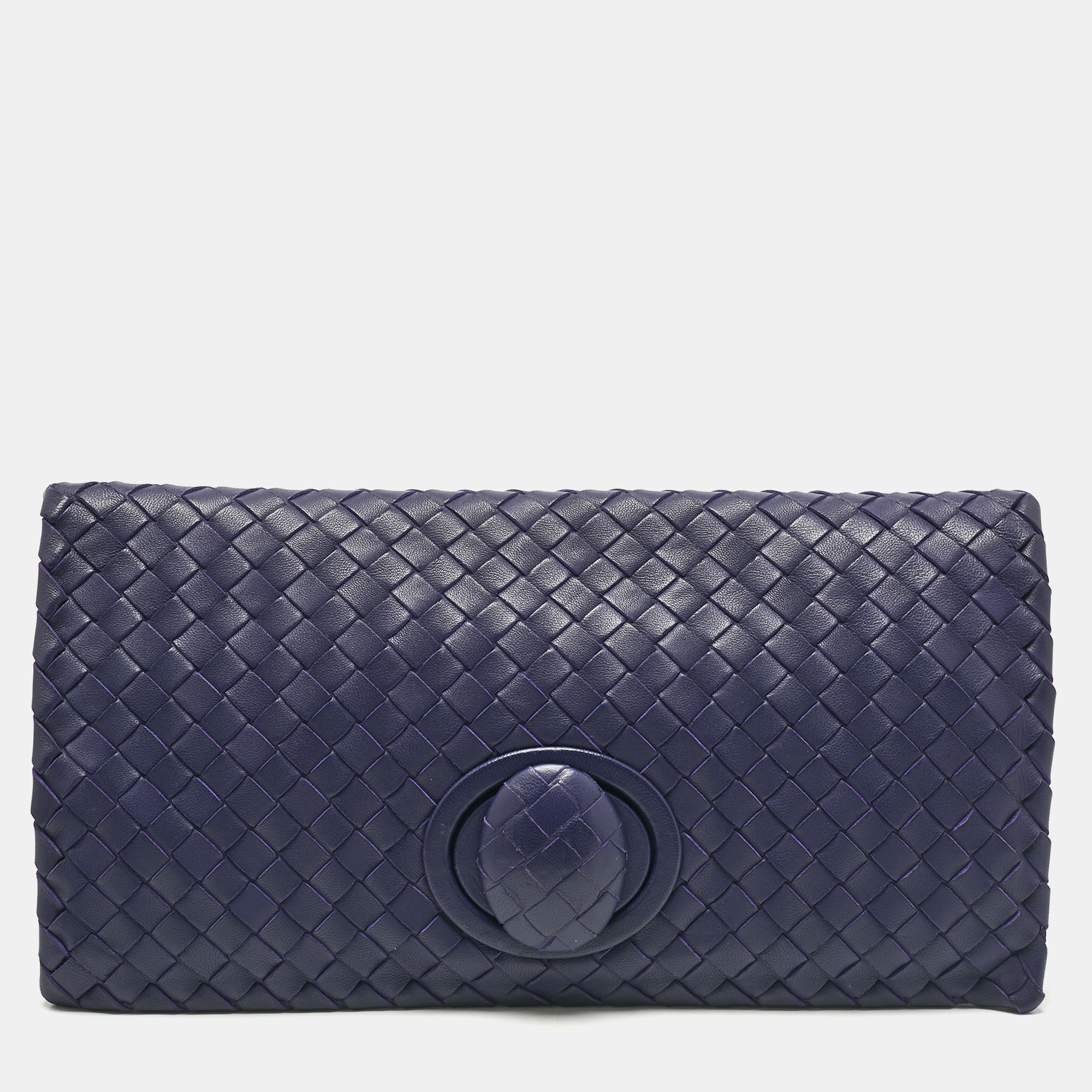 Pre-owned Bottega Veneta Blue Intrecciato Leather Twist Lock Flap Clutch
