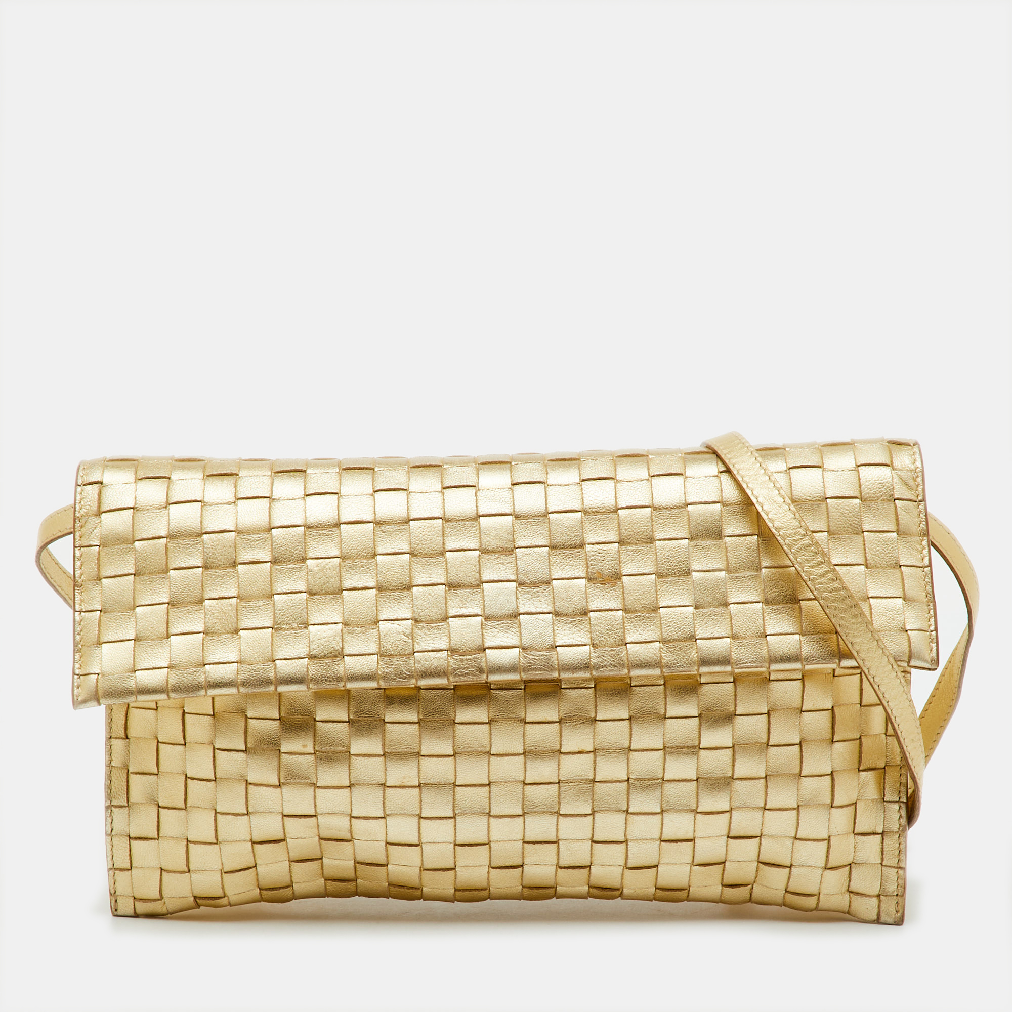 

Bottega Veneta Gold Intrecciato Leather Flap Crossbody Bag