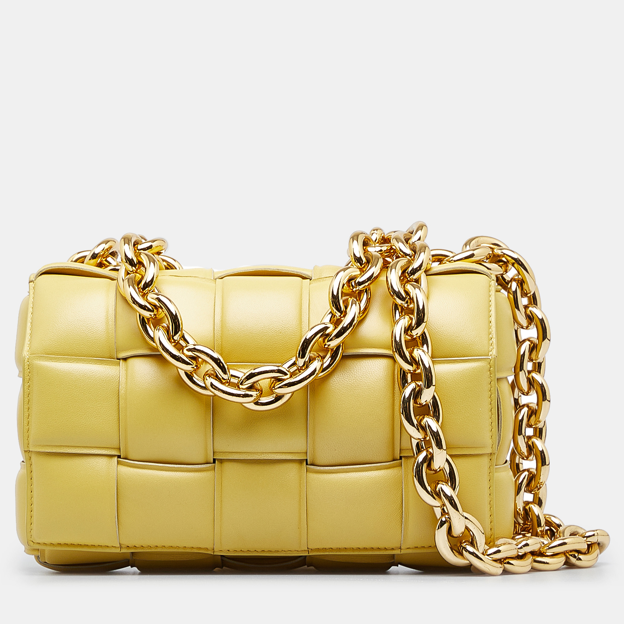 

Bottega Veneta Yellow Nappa Intrecciato Padded Chain Cassette Satchel